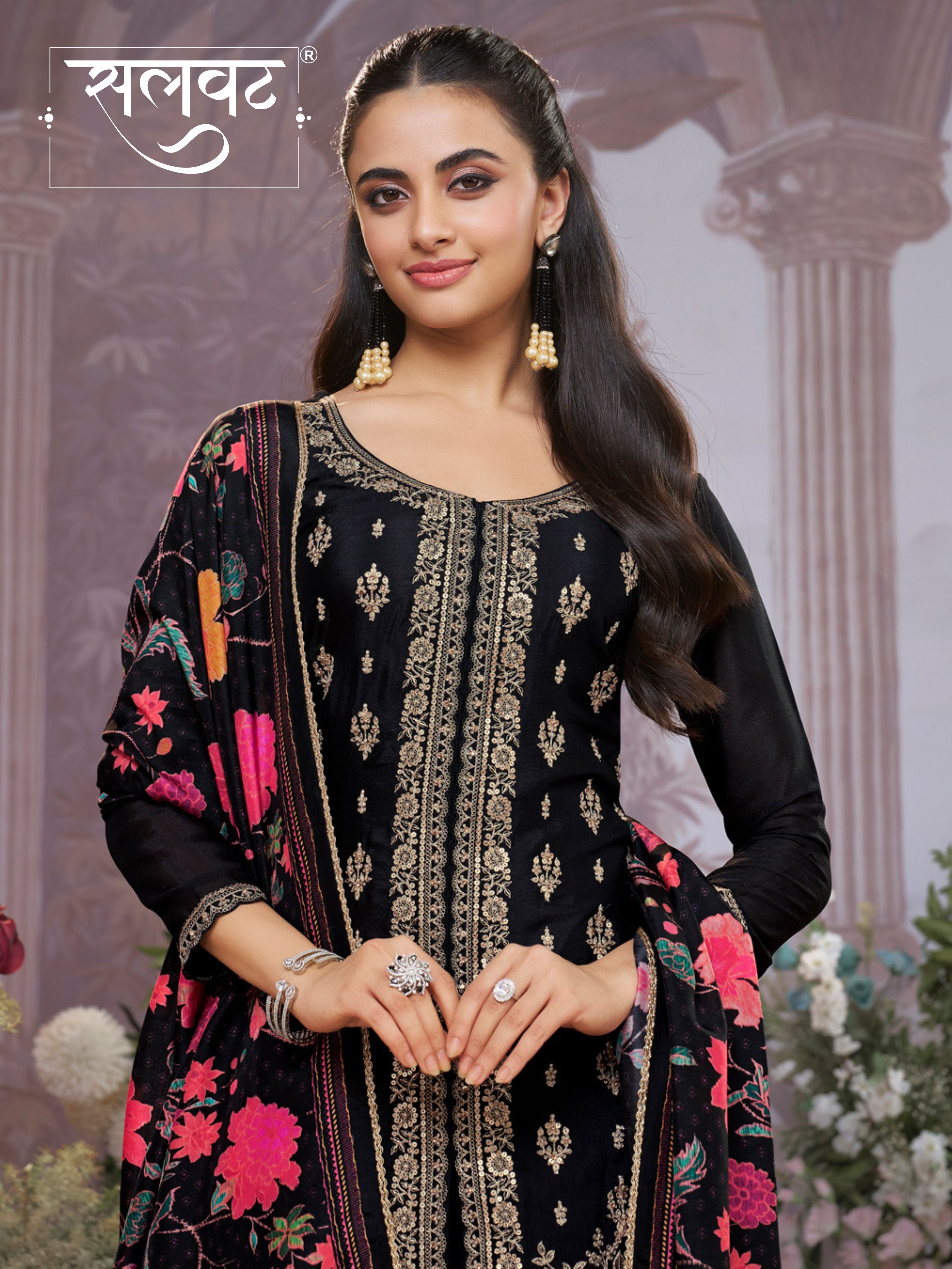 Black Chinon Kurta Set with Embroidered Work Paired with Digital Printed Dola Silk Dupatta