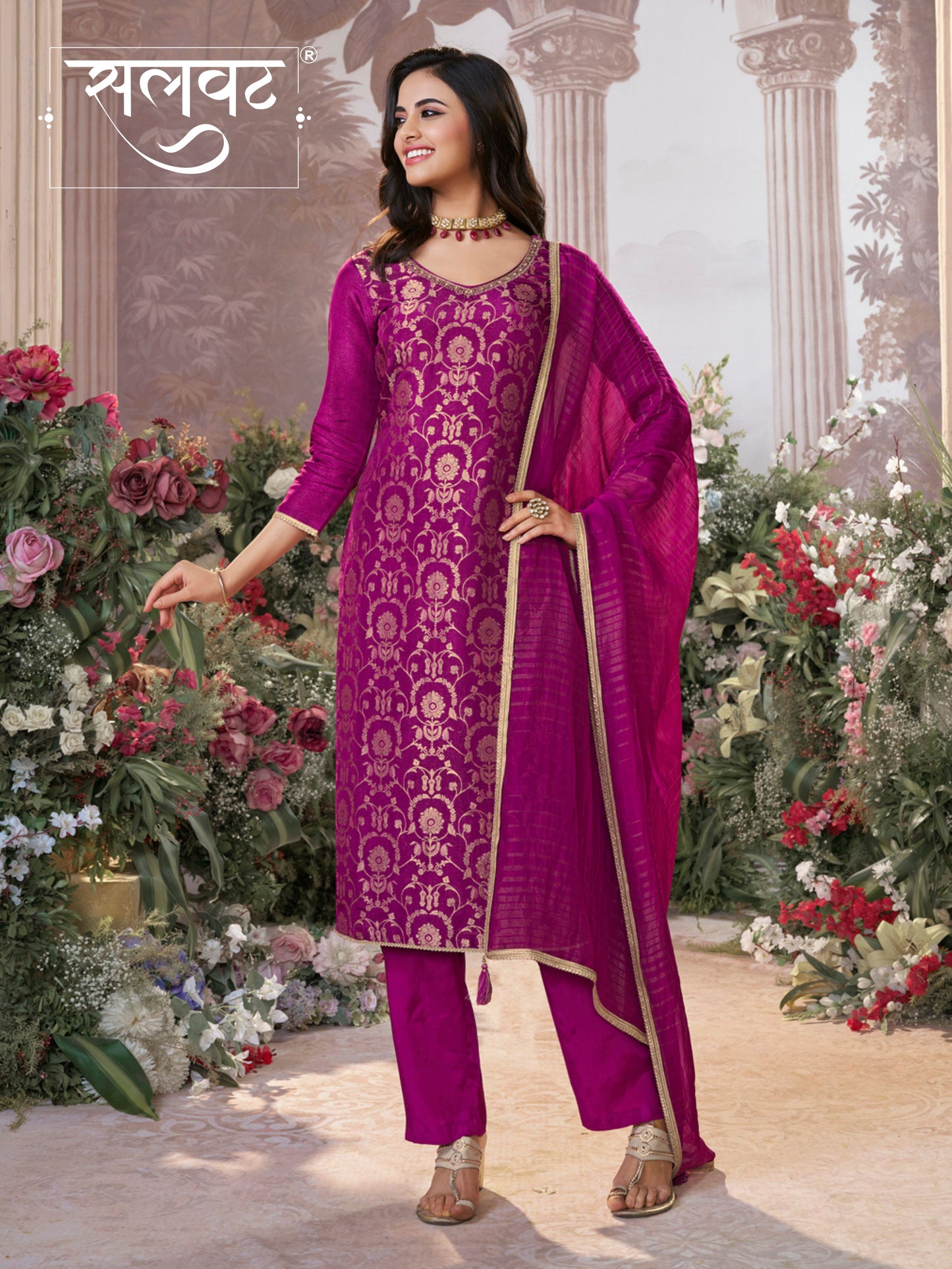 Pansy Purple Chinon Kurta Set with Jacquard and Zari Work, Paired with an Organza Dupatta