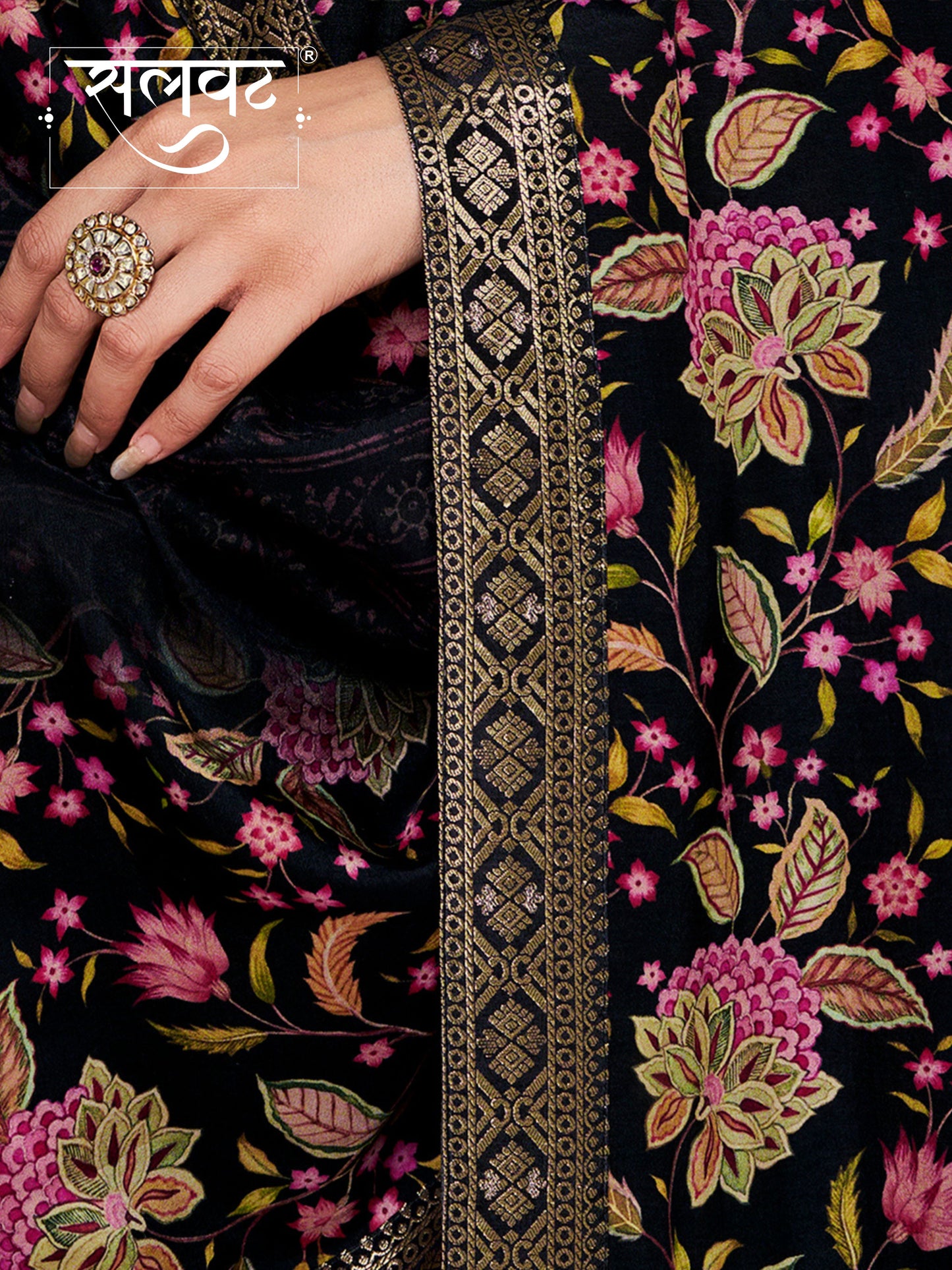 Black Russian Silk Kurta Set with Digital Print Work Paired with Russian Silk Digital Printed Duppatta