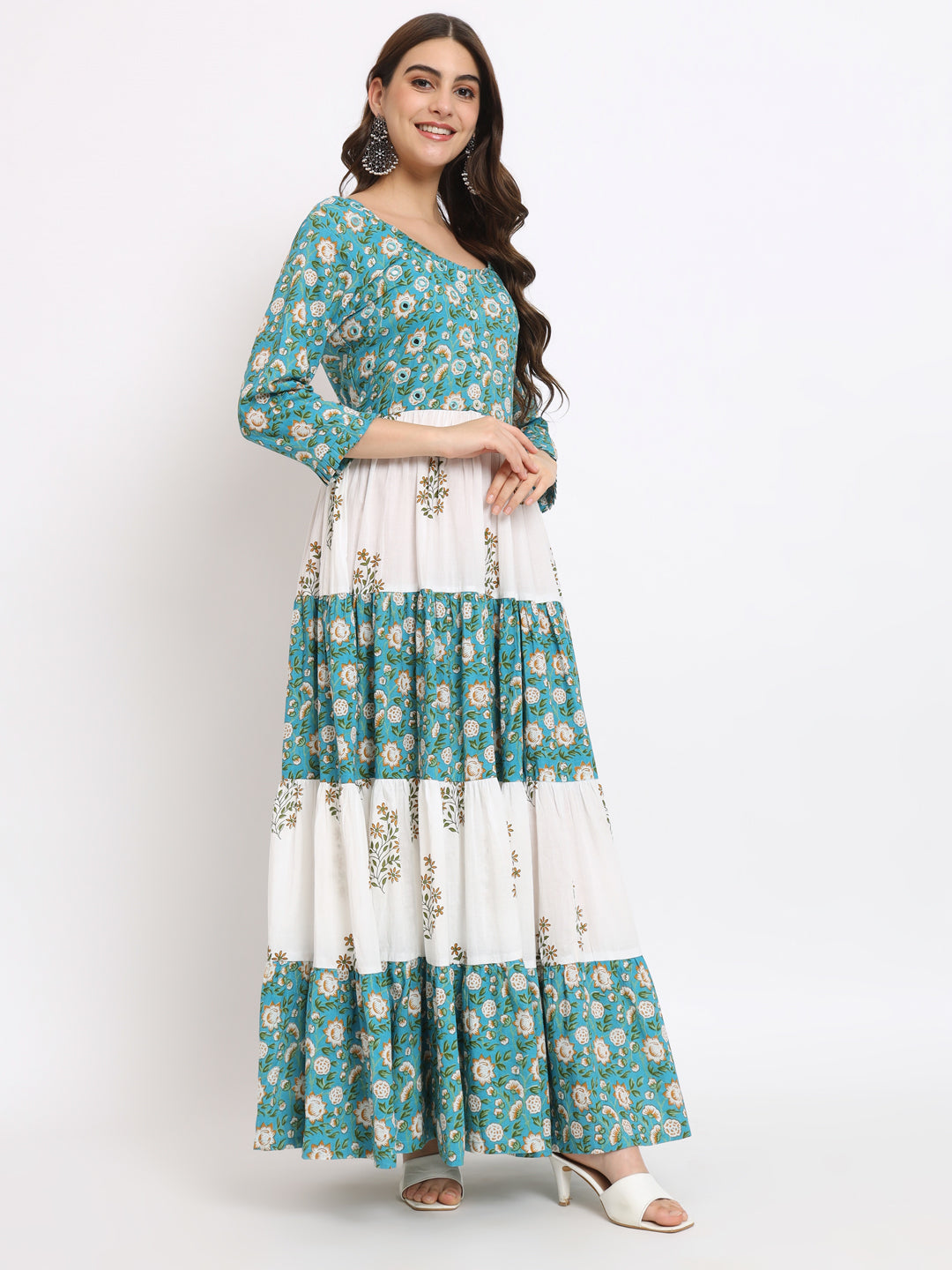 White & Blue Cotton Printed Long Dress