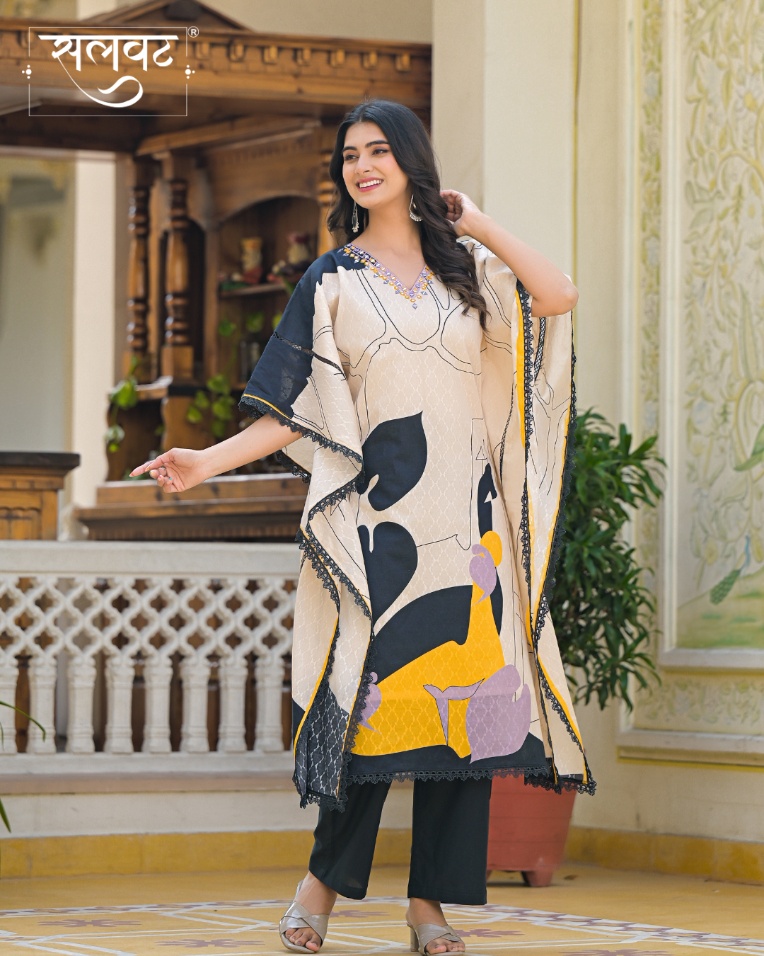 Light Beige Abstract Printed Handwork Kaftan Set