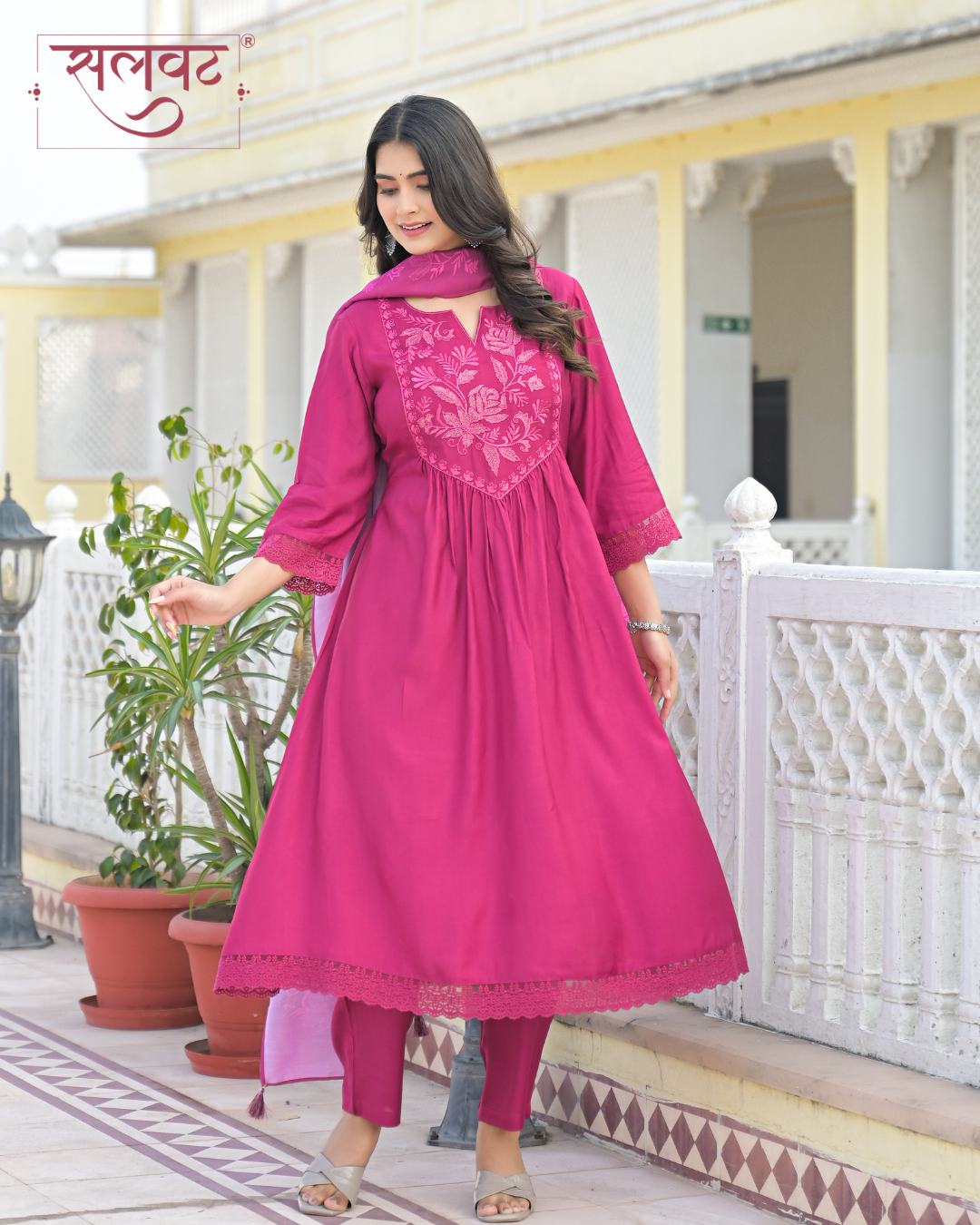 Ruby Garnet Wine Thread & Zari Embroidered Kurta Set With Printed Dupatta