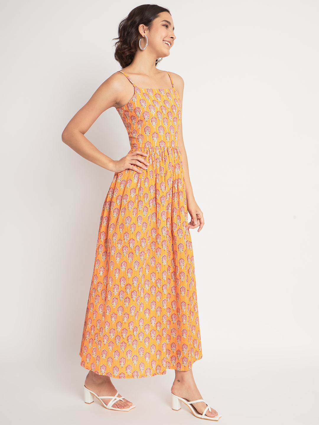 Orange Cotton Printed Long Dress