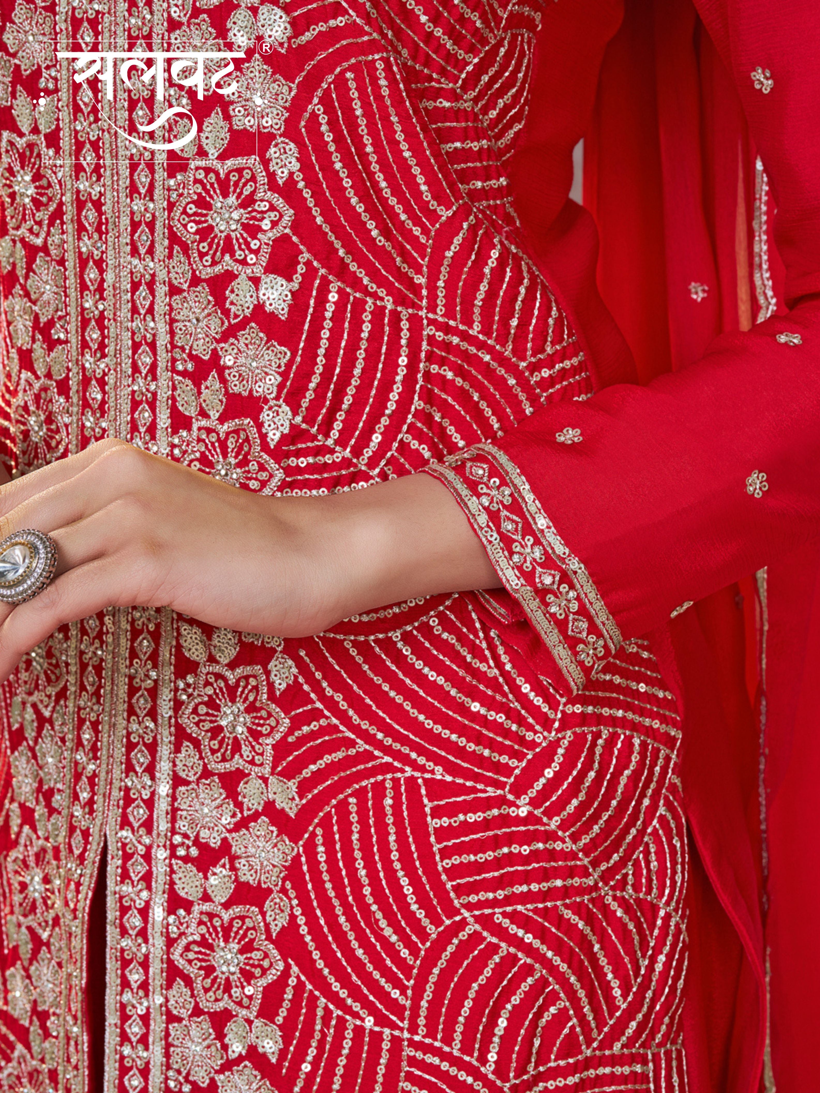 Red Chinon Embroidered Sharara Suit with Butti Work and Sequins Scalloped Border Dupatta