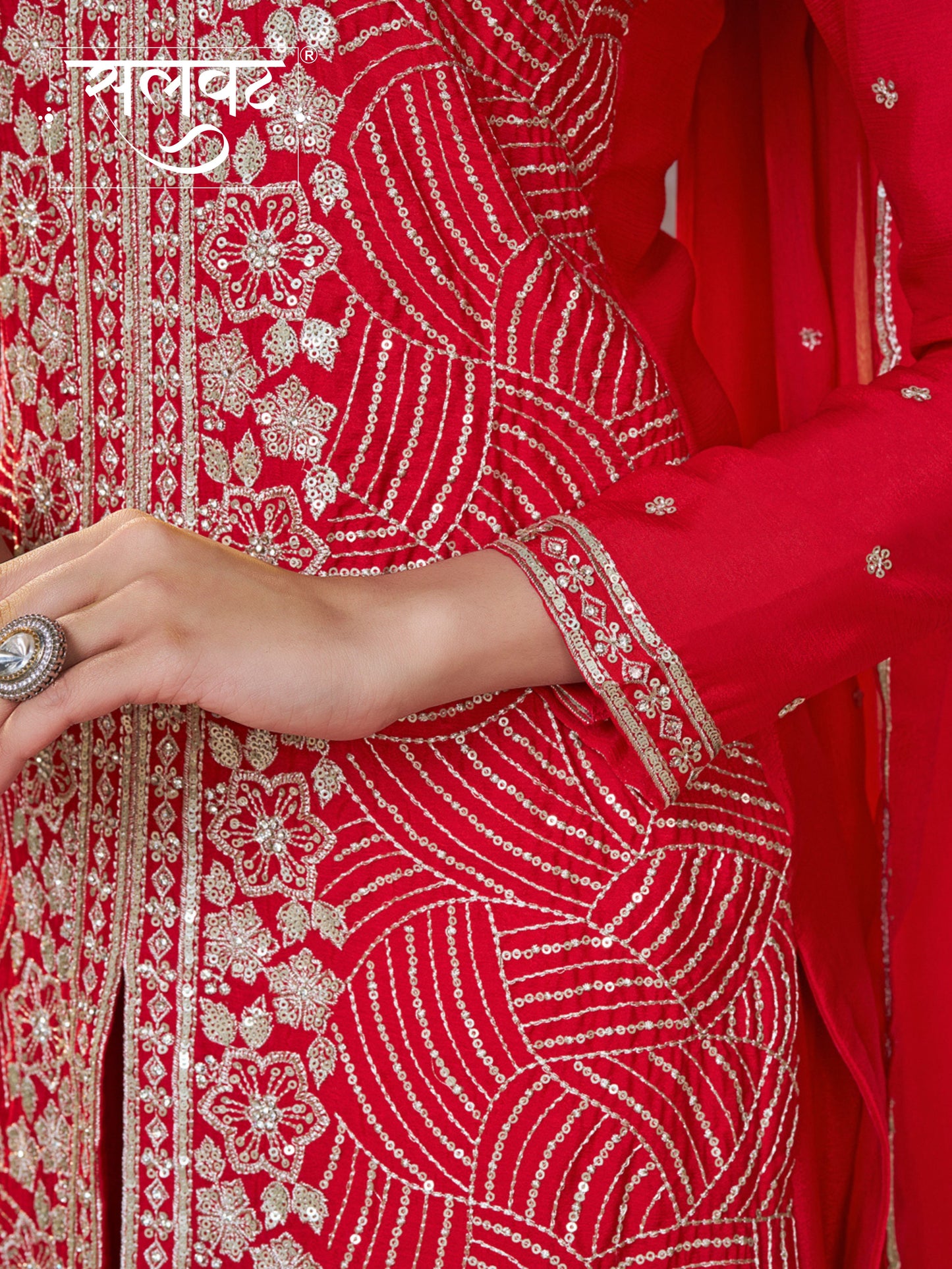 Red Chinon Embroidered Sharara Suit with Butti Work and Sequins Scalloped Border Dupatta