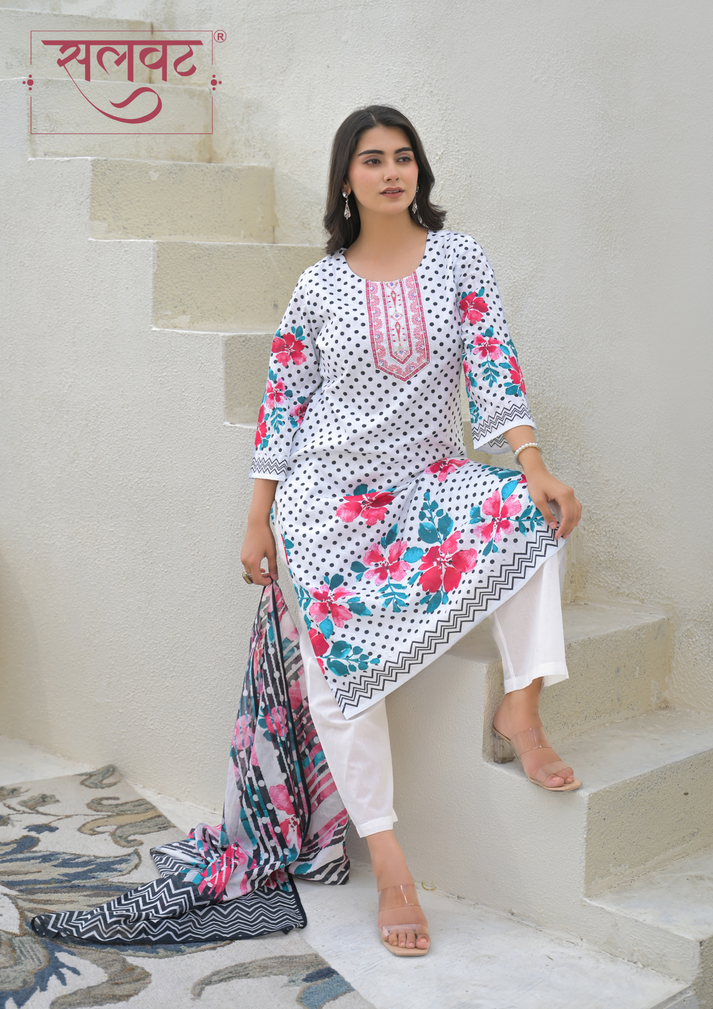 White & Black Polka Dots Printed Handwork Kurta Set With Printed Dupatta