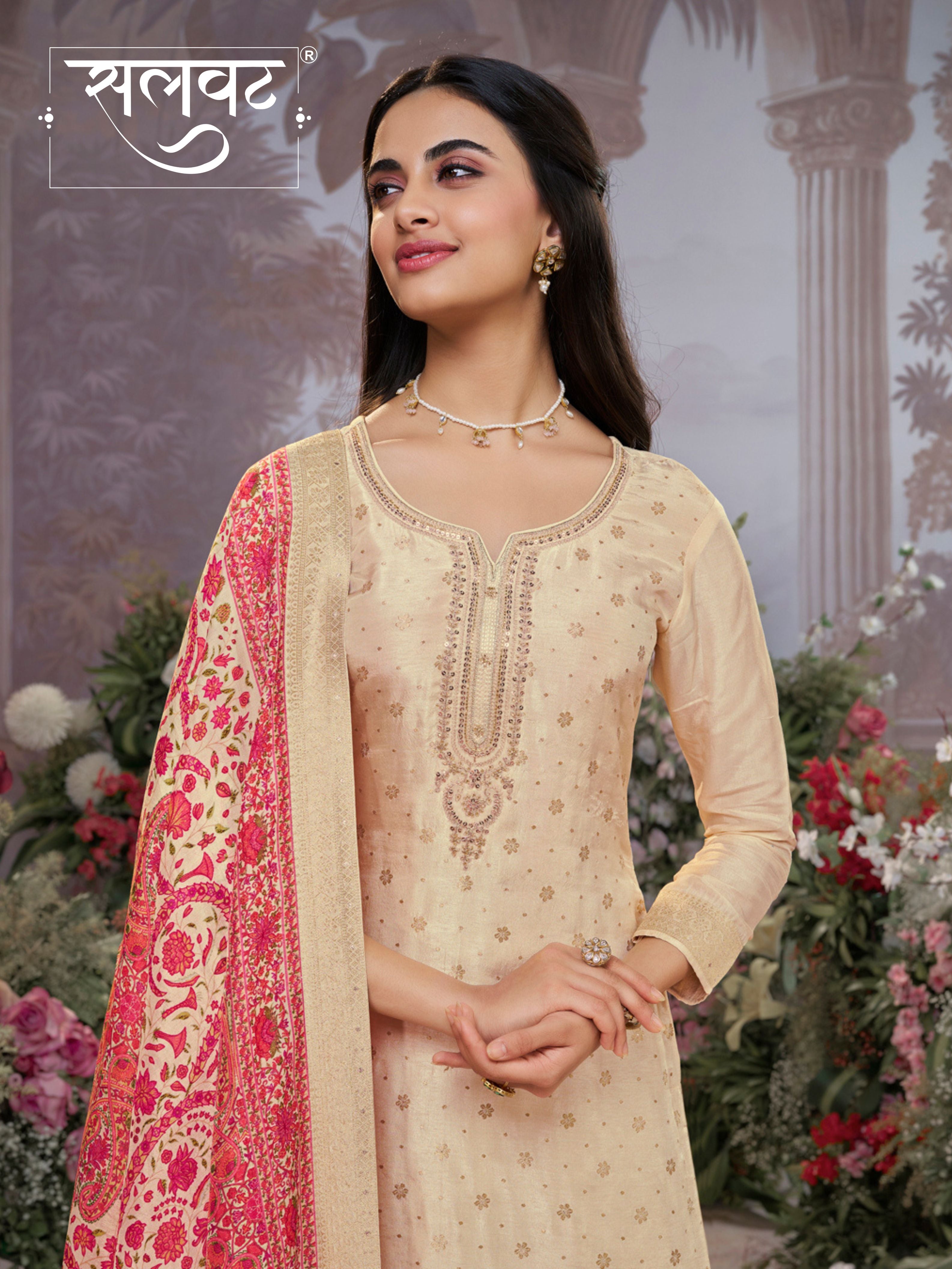 Off-White Dola Silk Kurta Set with Jacquard Detailing and Intricate Embroidery, Paired with a Cherry Silk Dupatta