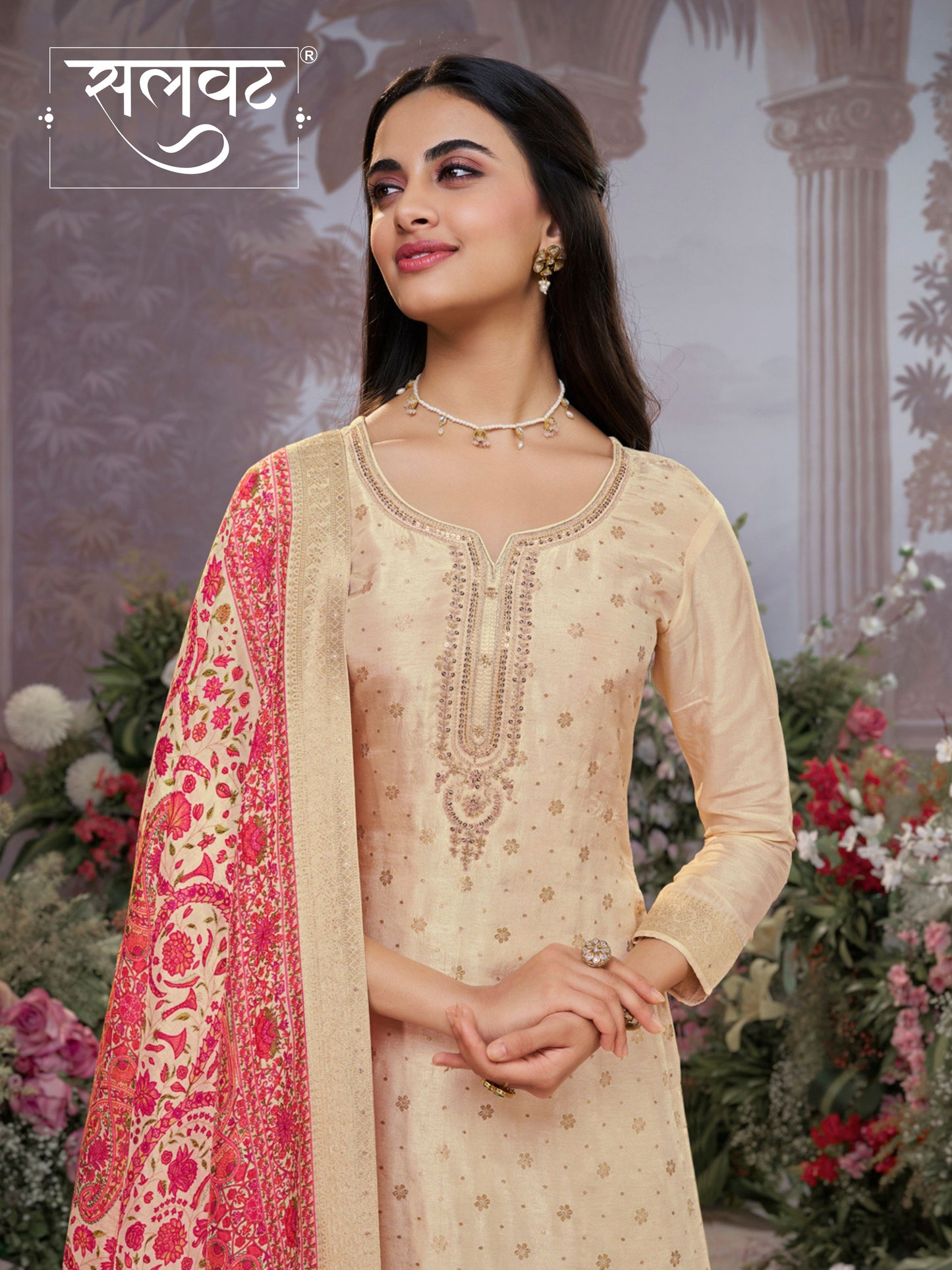 Off-White Dola Silk Kurta Set with Jacquard Detailing and Intricate Embroidery, Paired with a Cherry Silk Dupatta