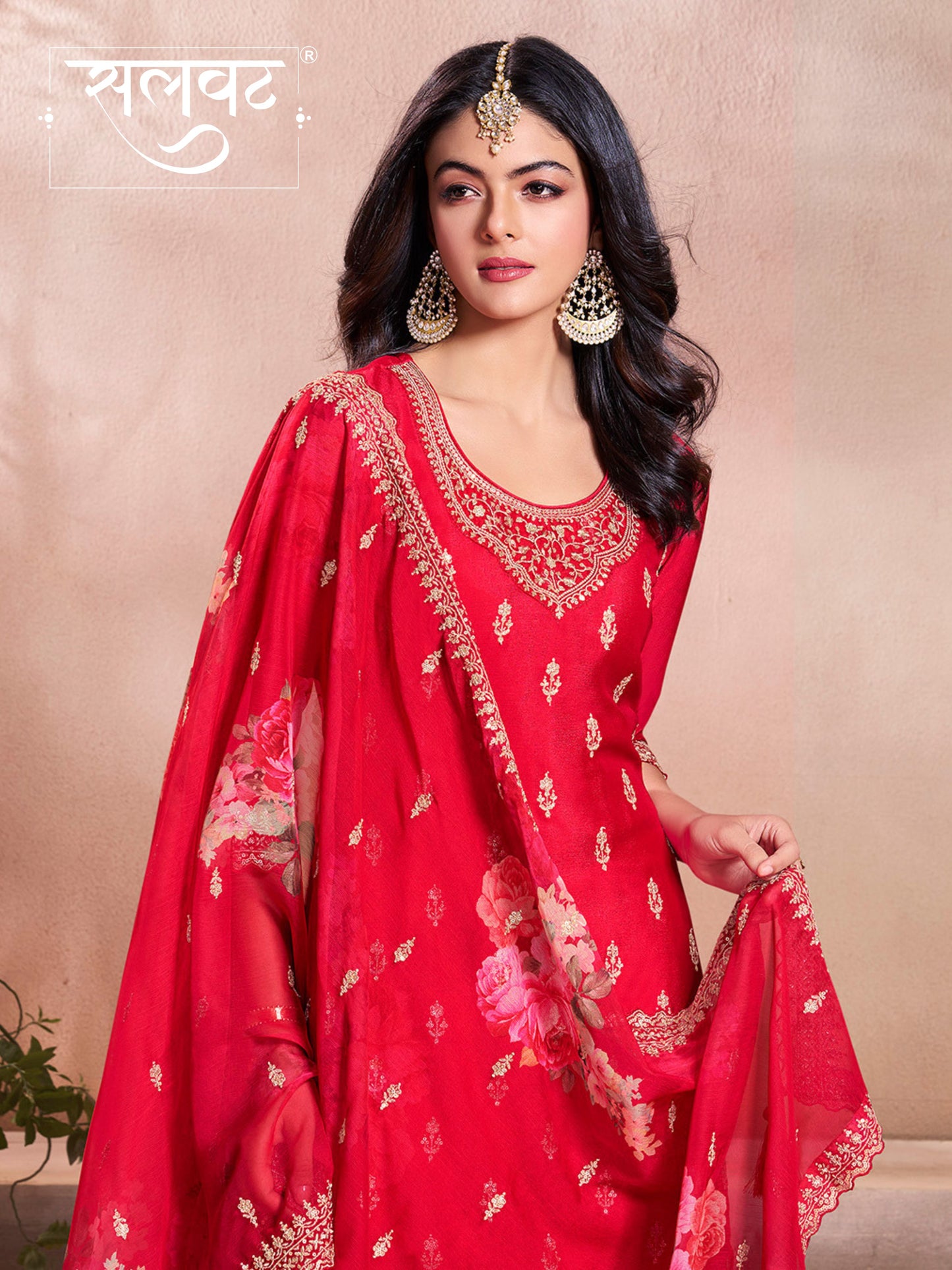 Red Butti Floral pattern Sequins Embroidered Sharara Suit Set