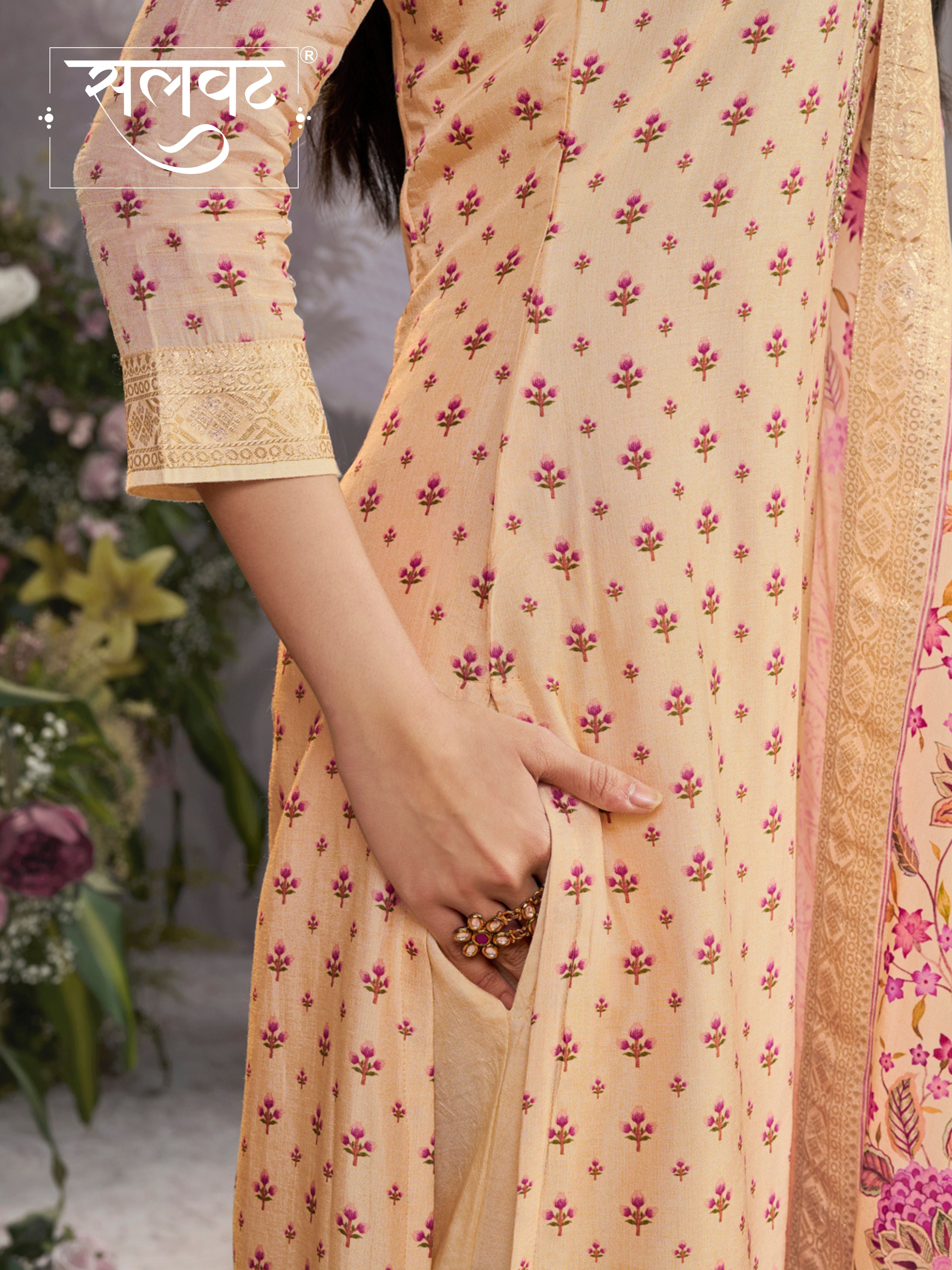 Off-White Russian Silk Kurta Set with Digital Print Work Paired with Russian Silk Digital Printed Duppatta