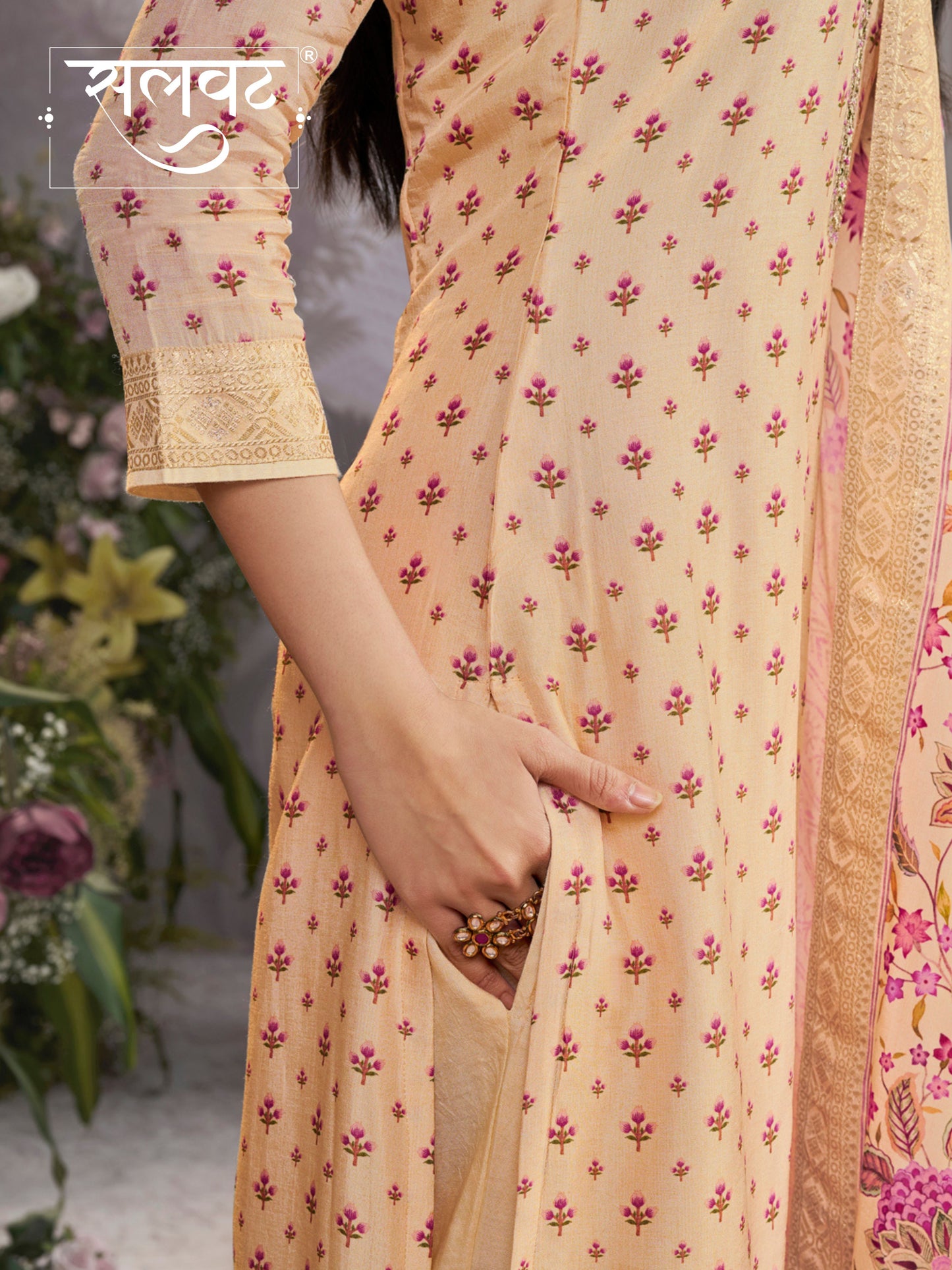 Off-White Russian Silk Kurta Set with Digital Print Work Paired with Russian Silk Digital Printed Duppatta