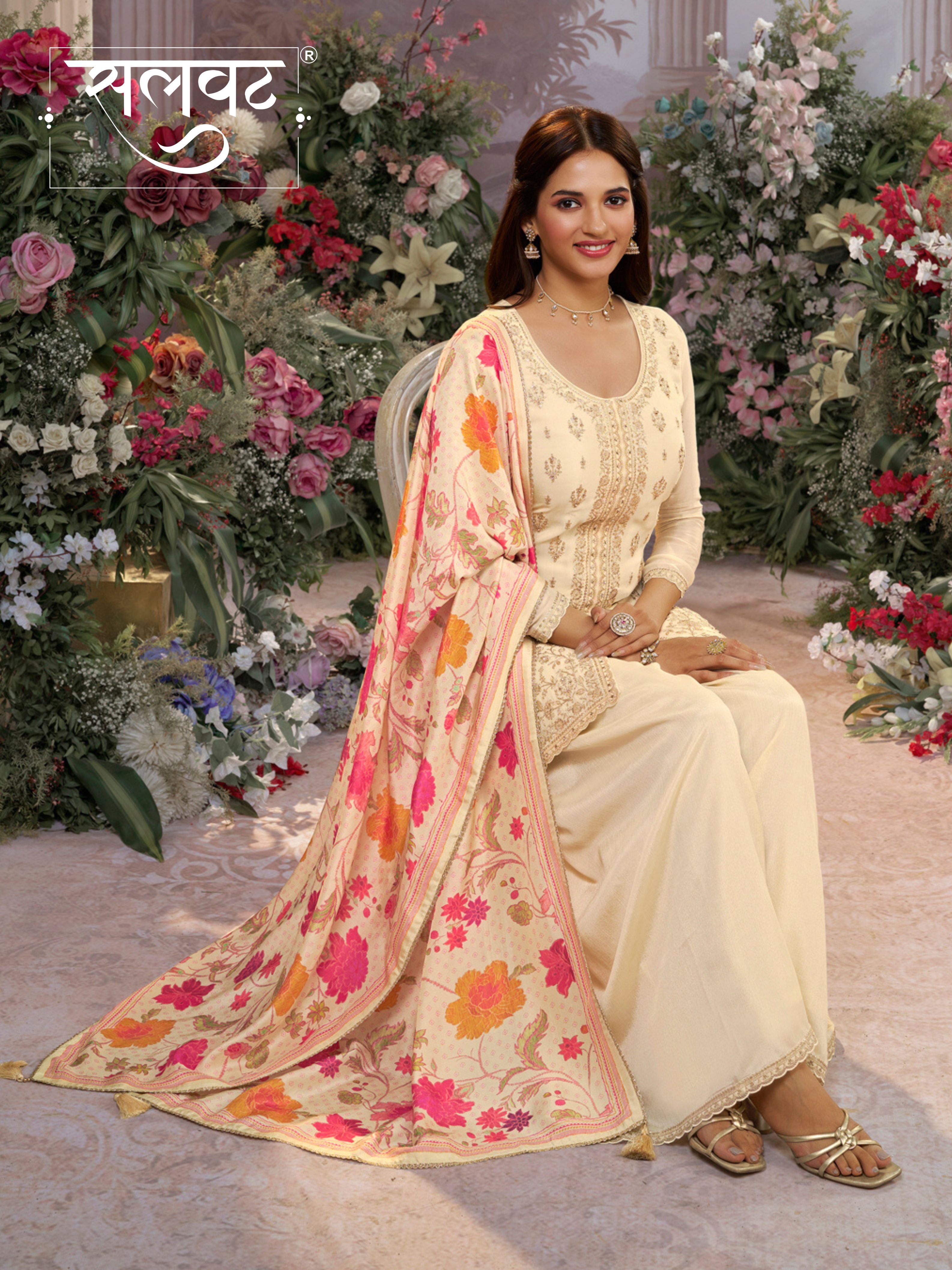 Off-White Chinon Kurta Set with Embroidered Work Paired with Digital Printed Dola Silk Dupatta