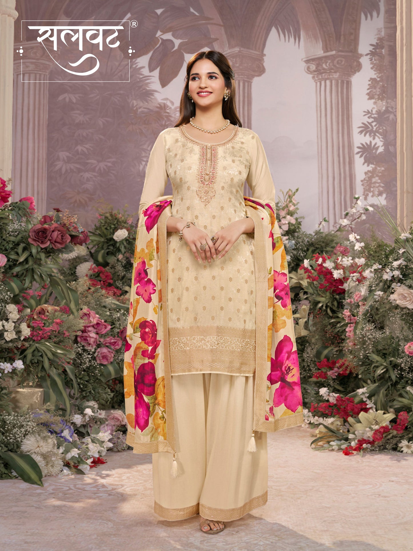 Off-White Dola Silk Jacquard & Embroidery Kurta Set with Digital Print Dola Silk Dupatta