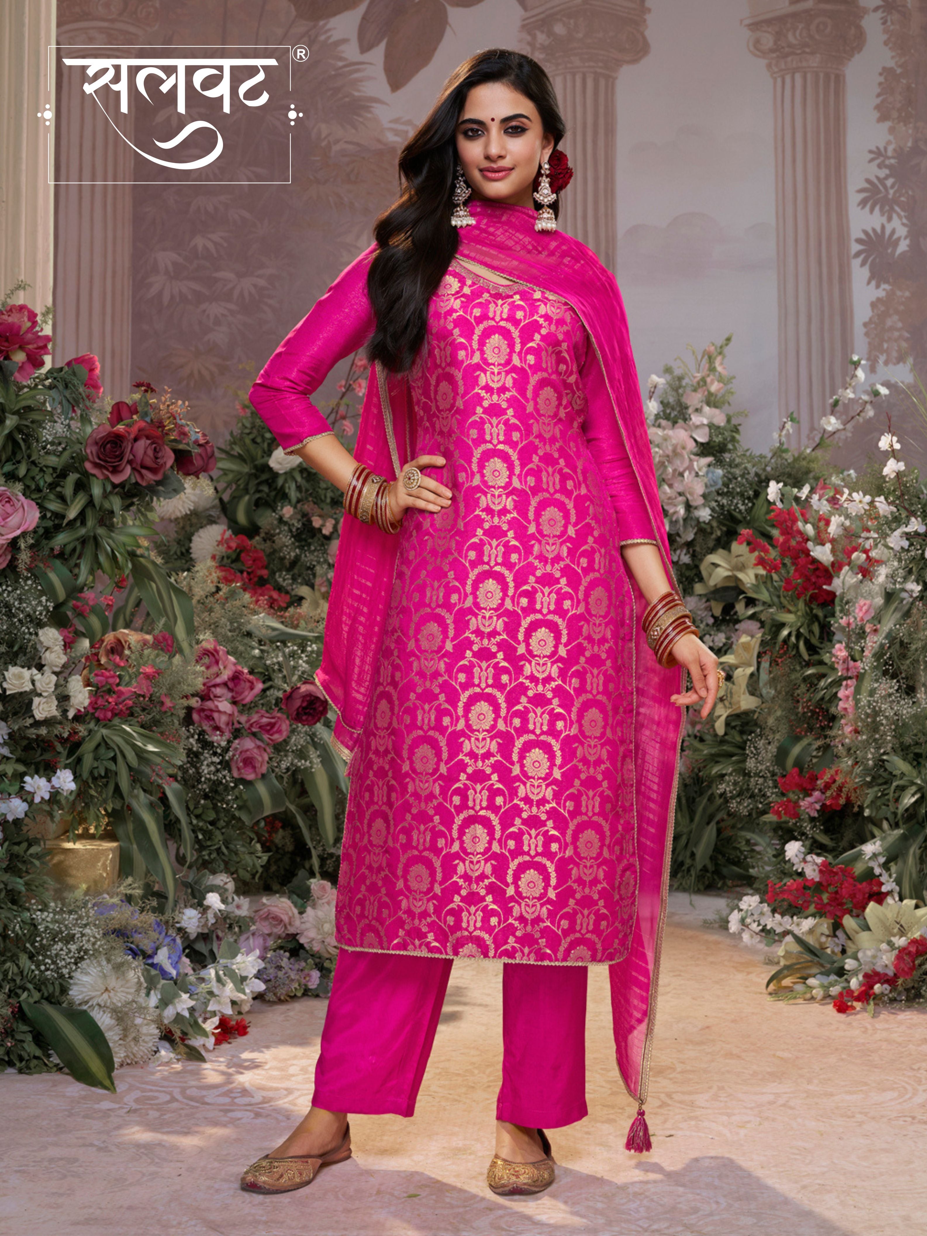 Pink Chinon Kurta Set with Jacquard and Zari Work, Paired with an Organza Dupatta
