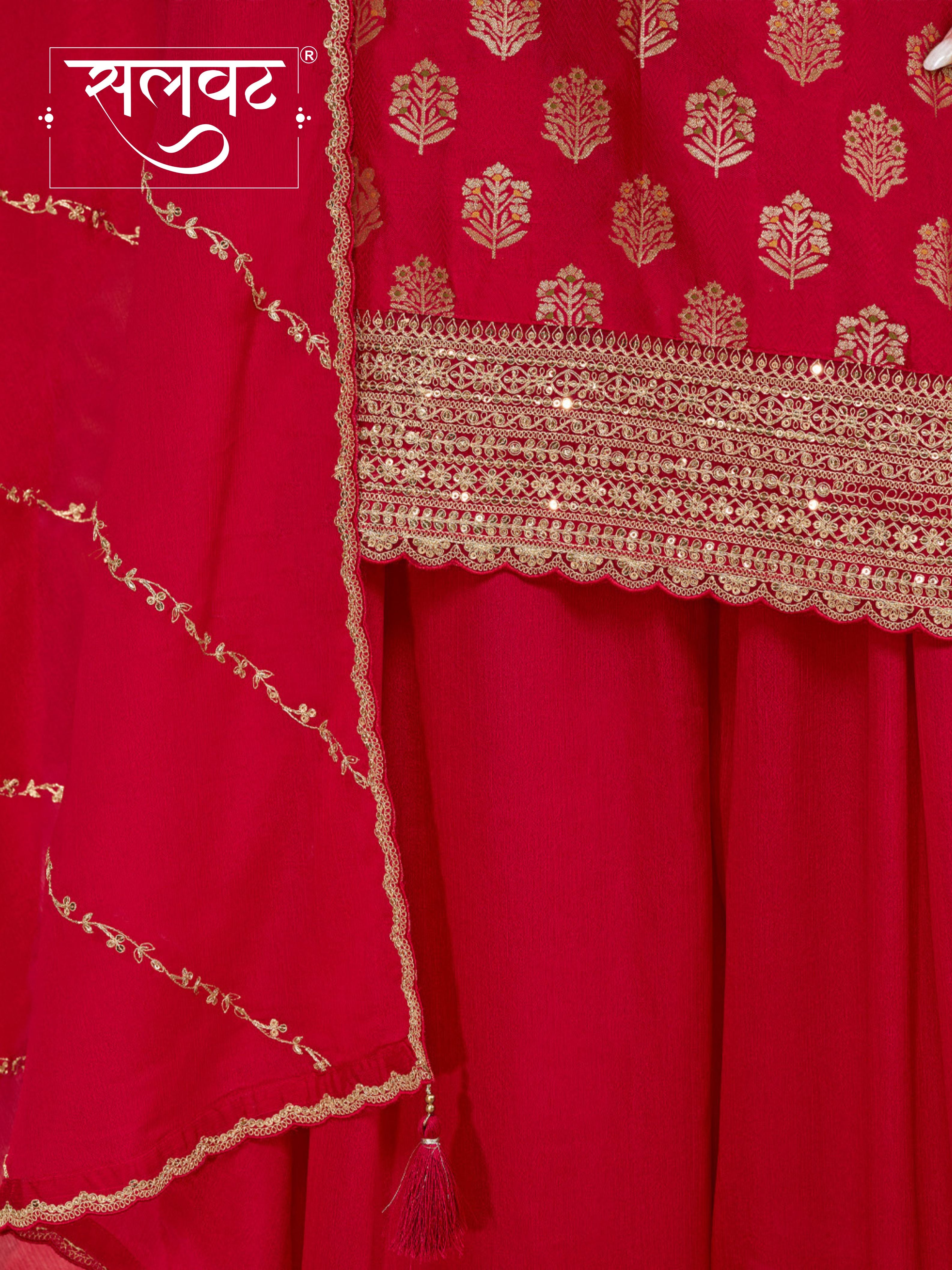 Red Dola Silk Meena Jacquard Kurta Set Paired With Embroidered Sharara Suit Set