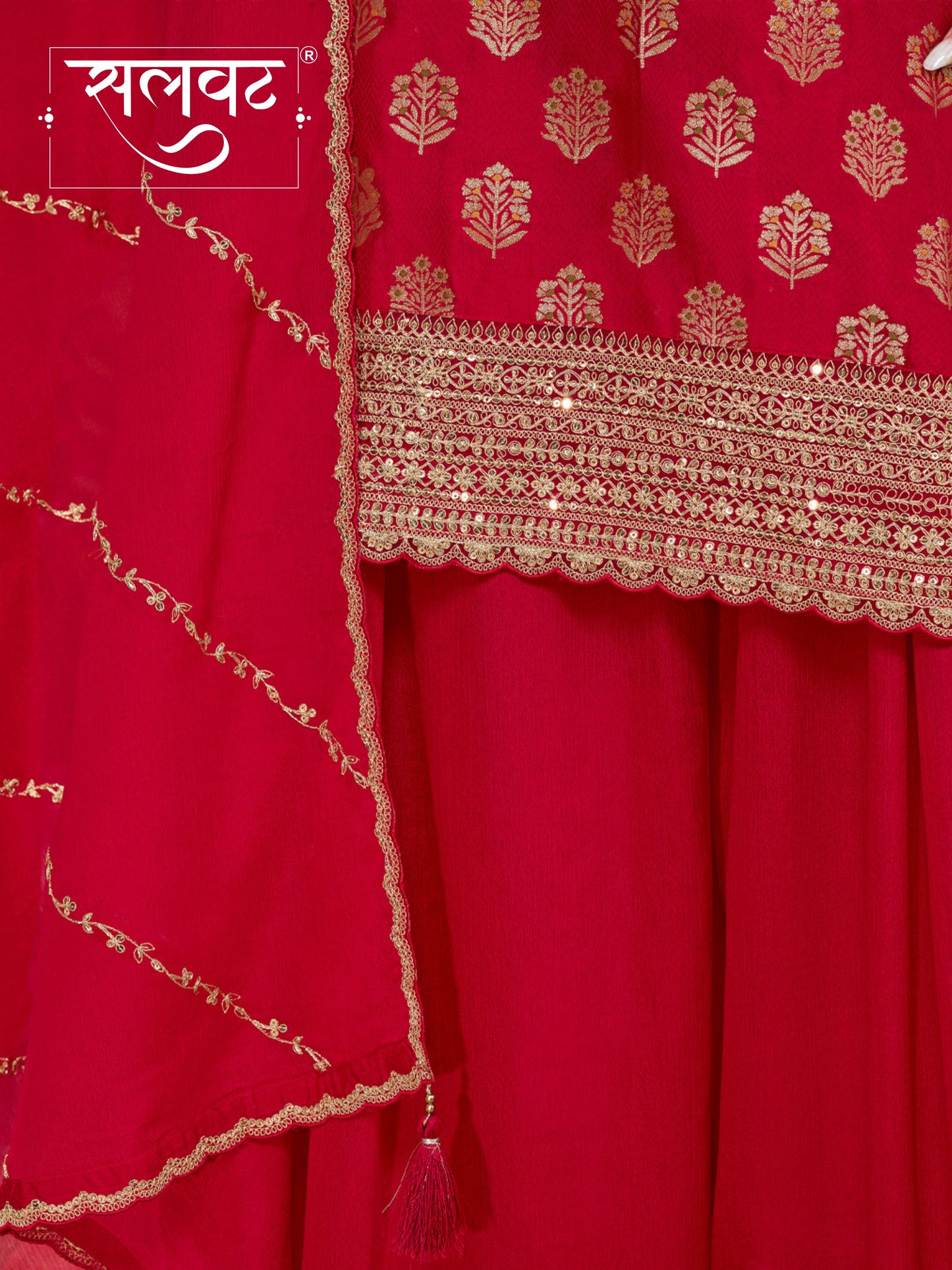 Red Dola Silk Meena Jacquard Kurta Set Paired With Embroidered Sharara Suit Set