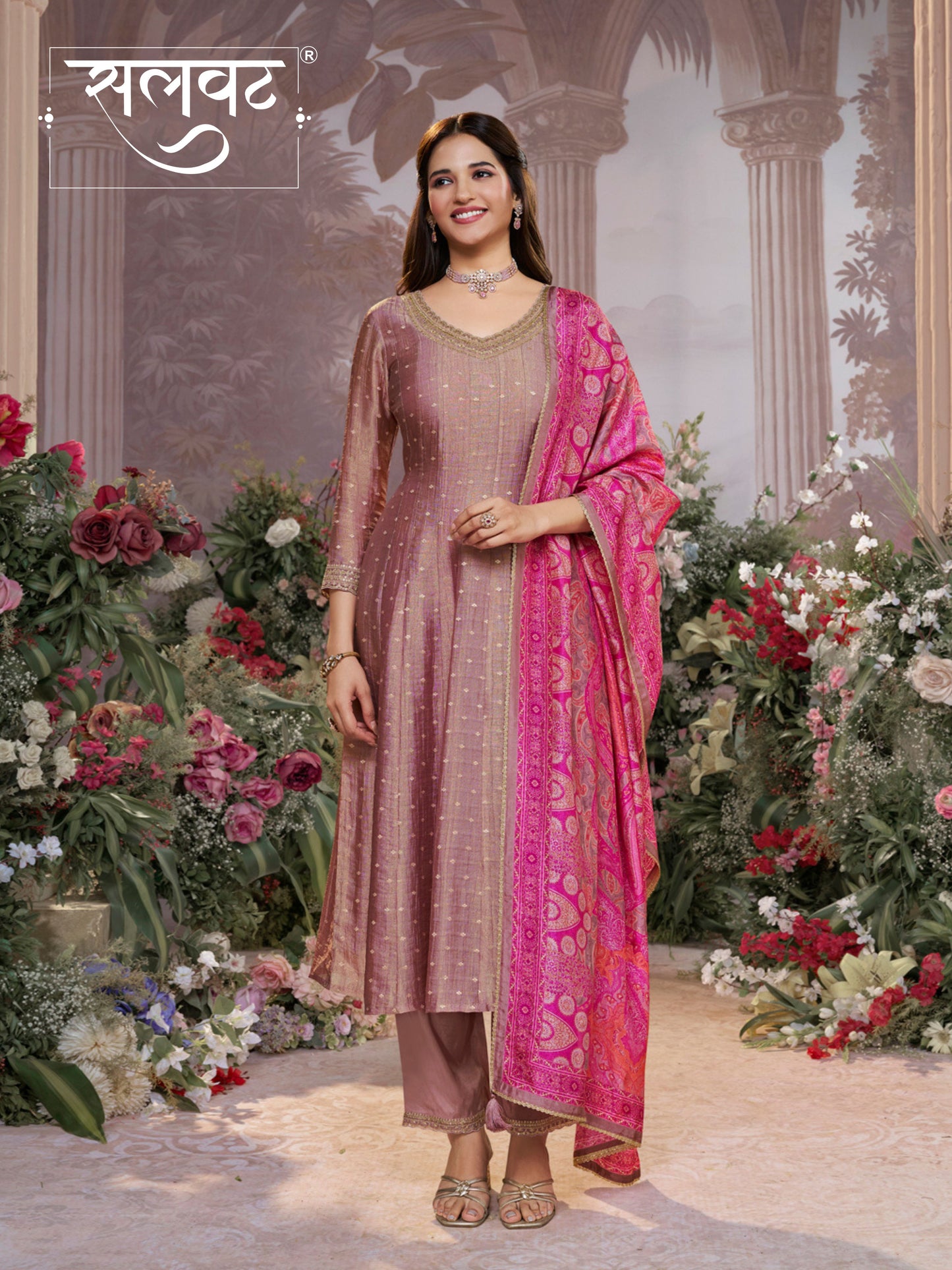 Dusty Rose Tissue Silk Embroidered Anarkali Suit Set with Contrast Digital Print Russian Silk Dupatta