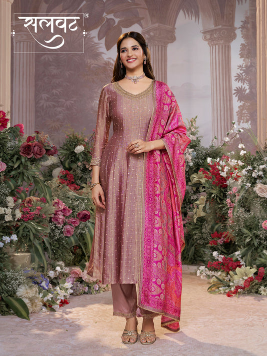 Dusty Rose Tissue Silk Embroidered Anarkali Suit Set with Contrast Digital Print Russian Silk Dupatta