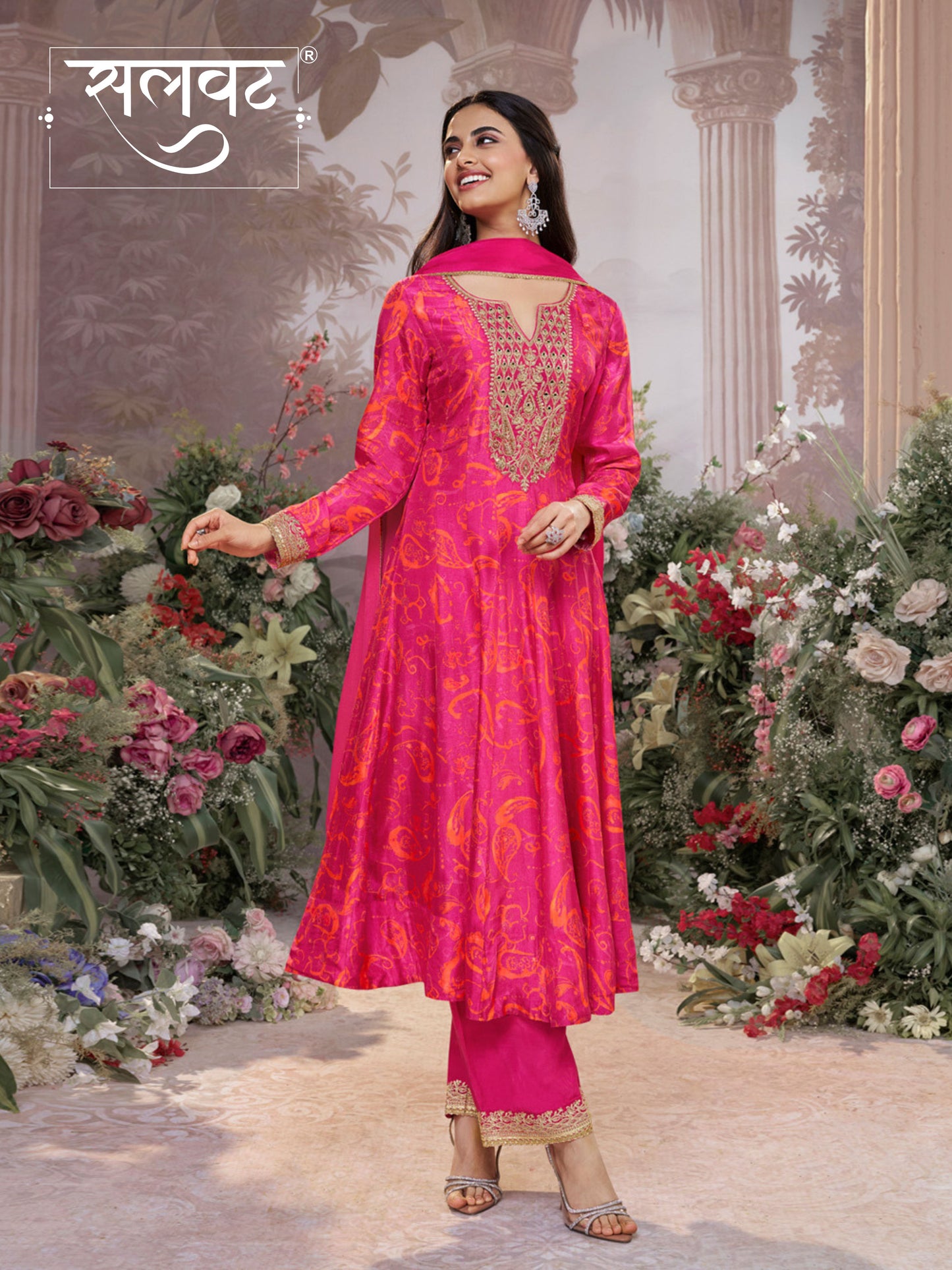 Pink Digital Printed Mirror Embroidered Anarkali Suit Set
