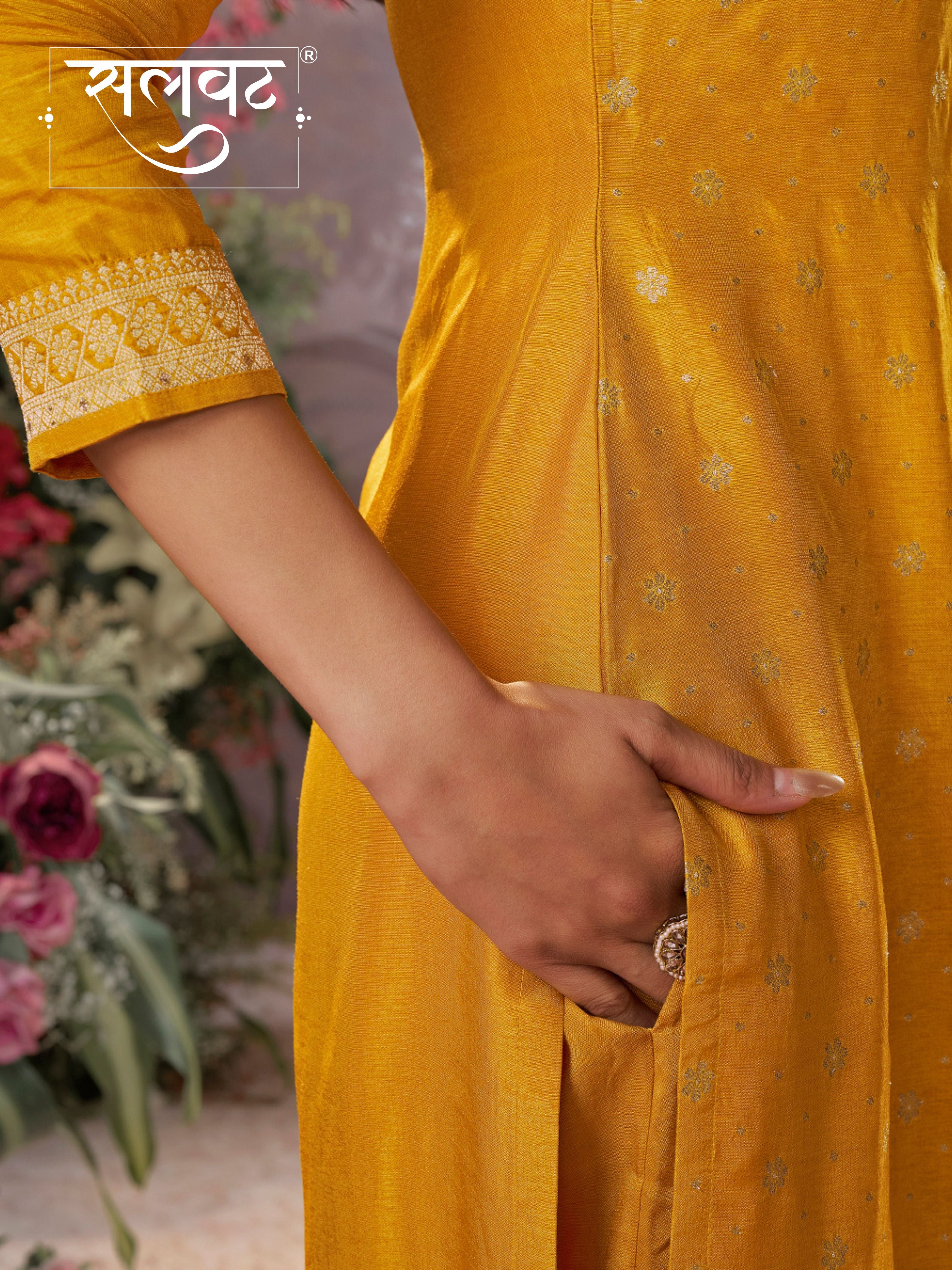Yellow Dola Silk Kurta Set with Jacquard Detailing and Intricate Embroidery, Paired with a Cherry Silk Dupatta