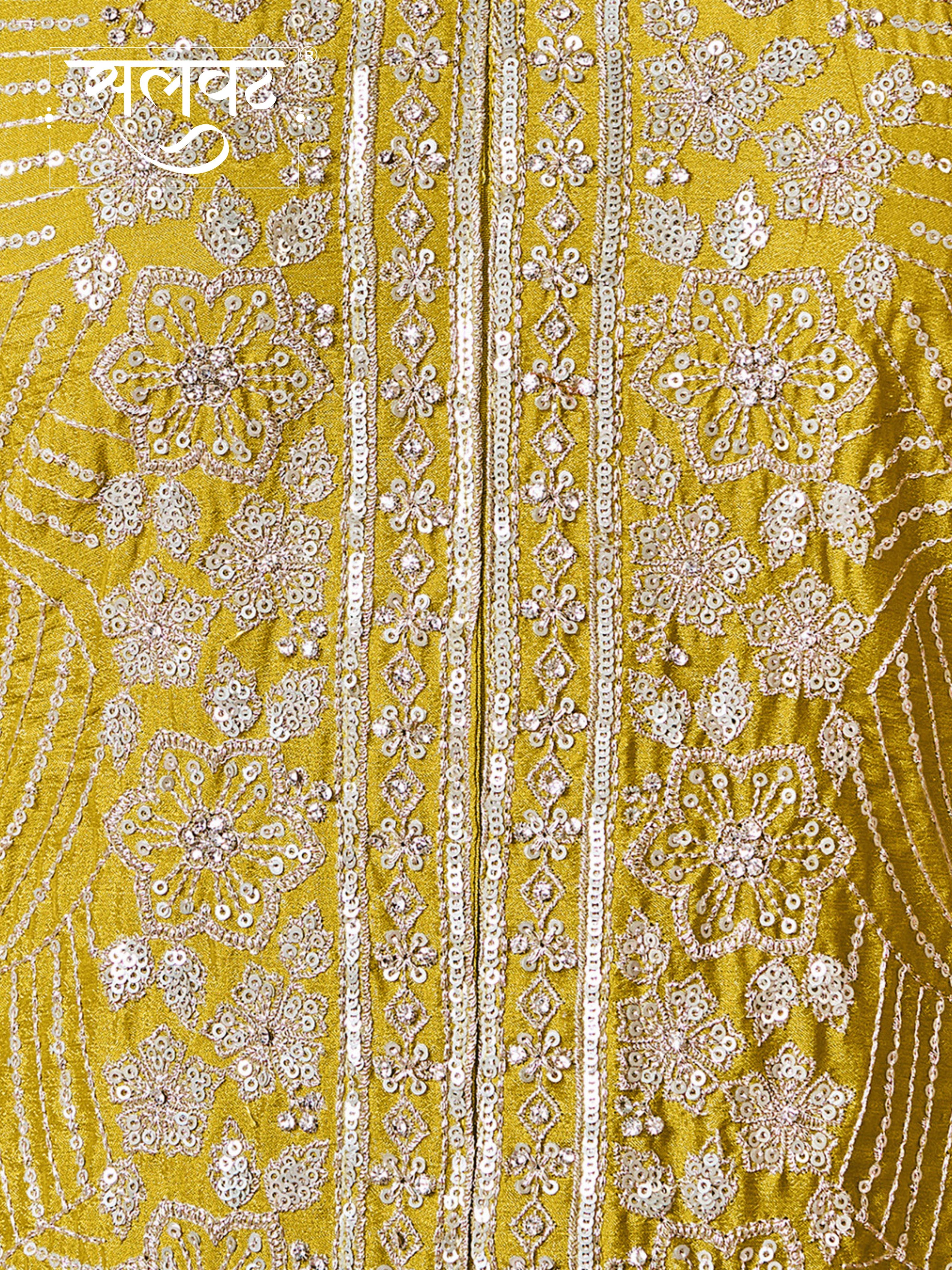 Yellow Chinon Embroidered Sharara Suit with Butti Work and Sequins Scalloped Border Dupatta
