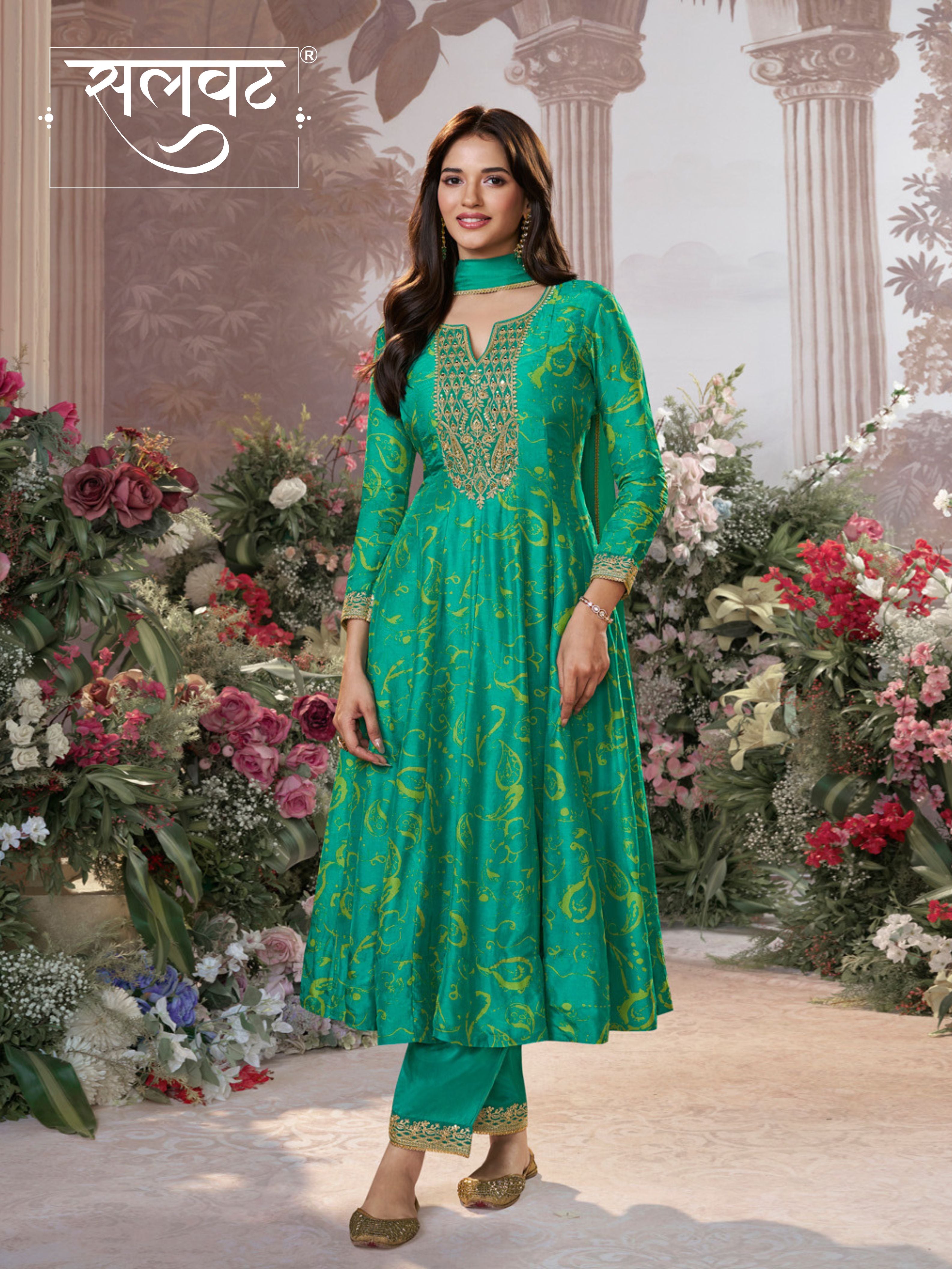Green Digital Printed Mirror Embroidered Anarkali Suit Set