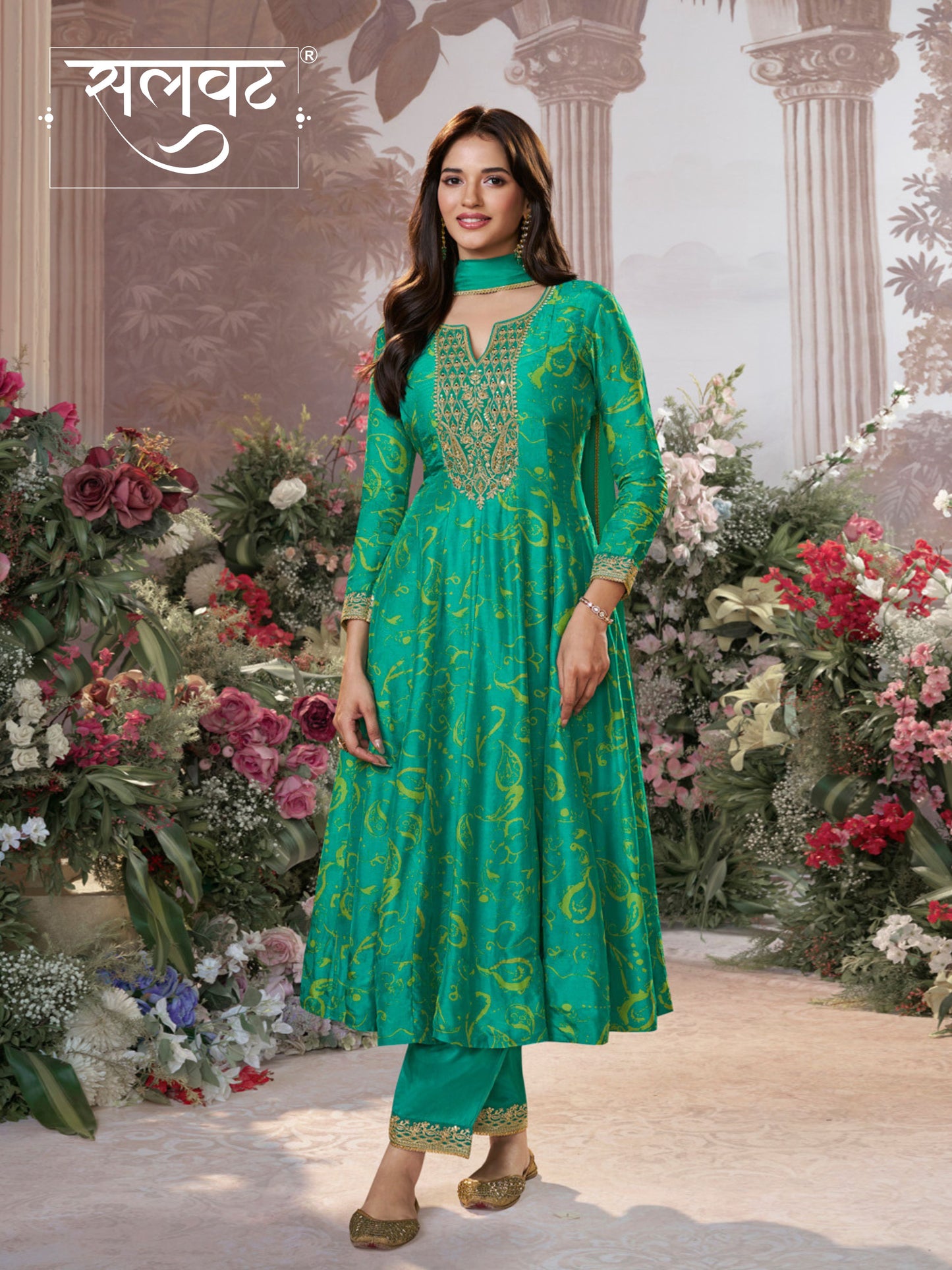 Green Digital Printed Mirror Embroidered Anarkali Suit Set