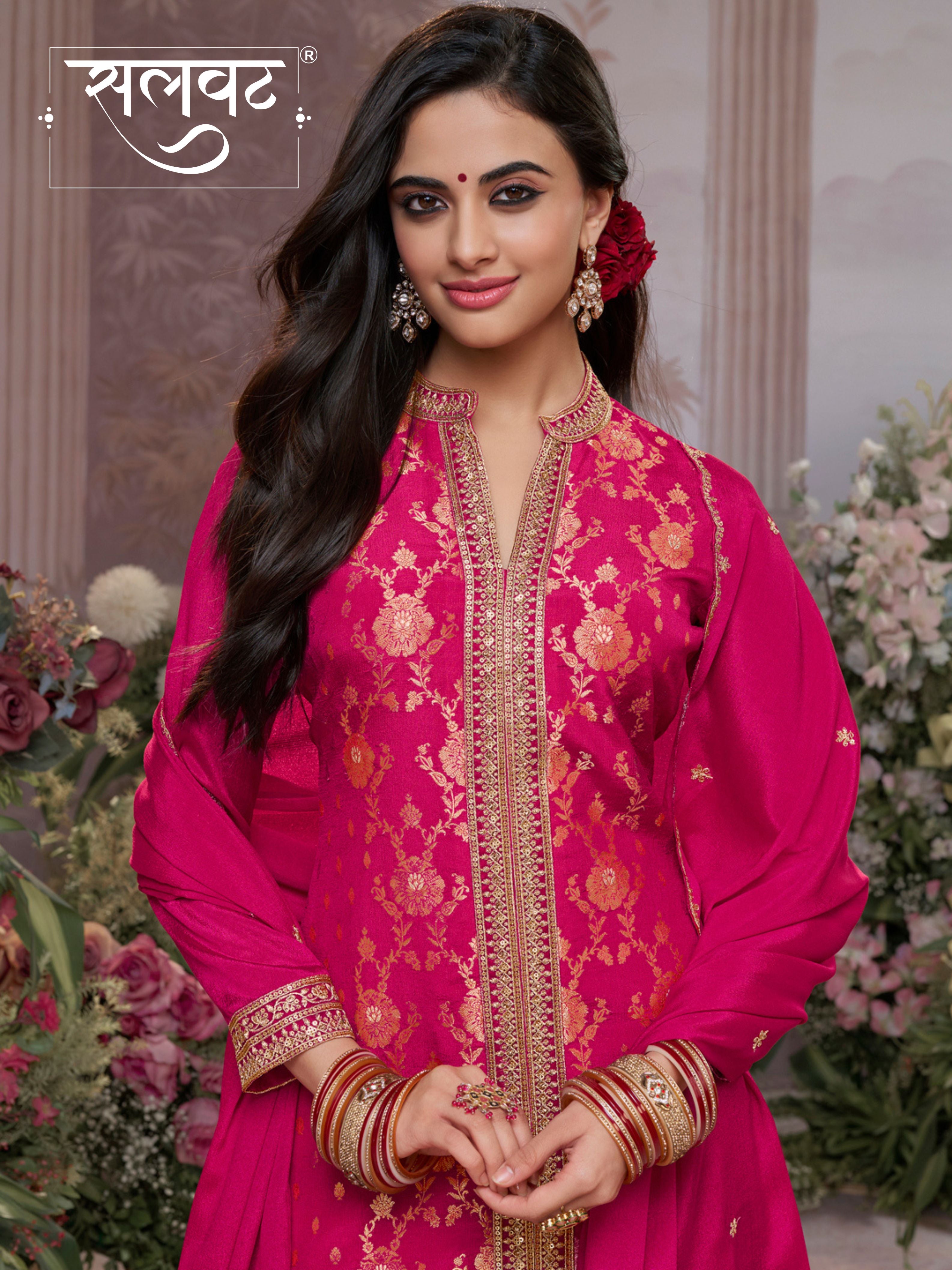 Hot Pink Chinon Kurta Set with Heavy Jacquard Work Paired with Chinon Dupatta with Embroidered Work.