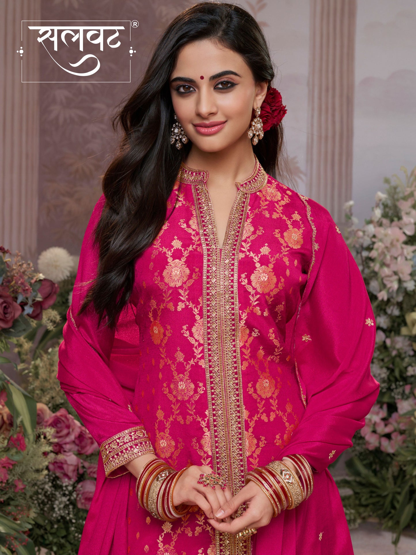 Hot Pink Chinon Kurta Set with Heavy Jacquard Work Paired with Chinon Dupatta with Embroidered Work.