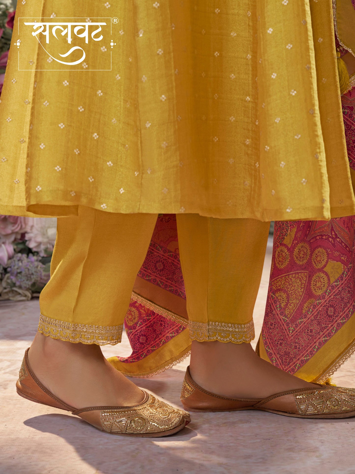 Mustard Tissue Silk Embroidered Anarkali Suit Set with Contrast Digital Print Russian Silk Dupatta