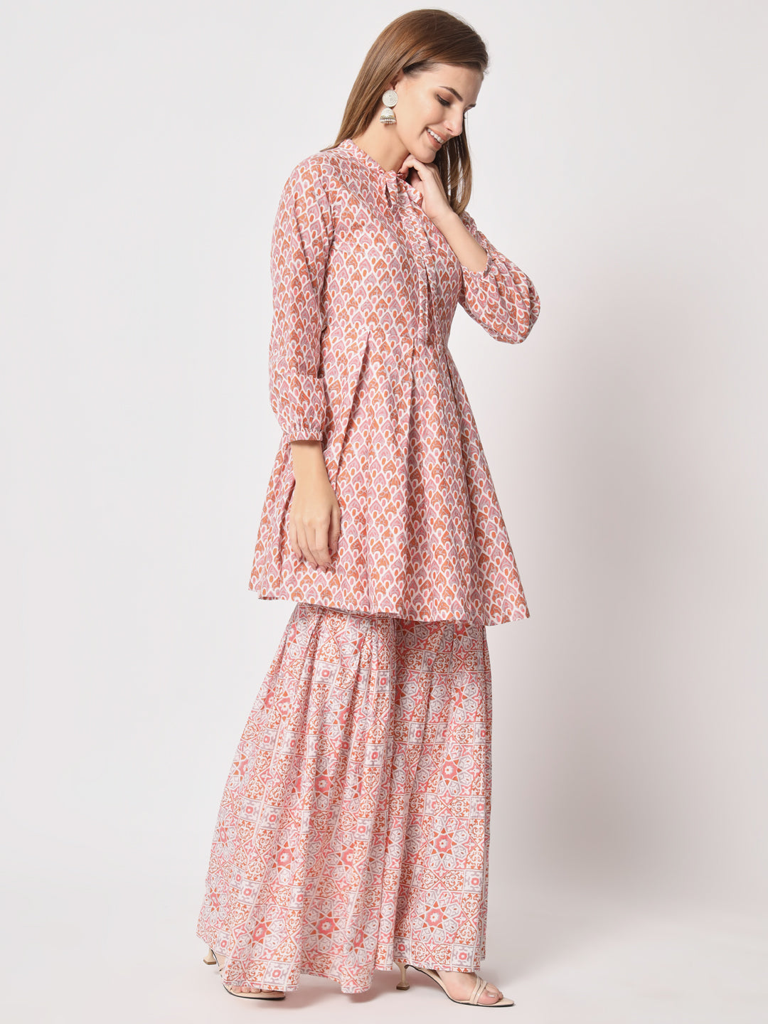 Peach Printed Cotton Sharara Set