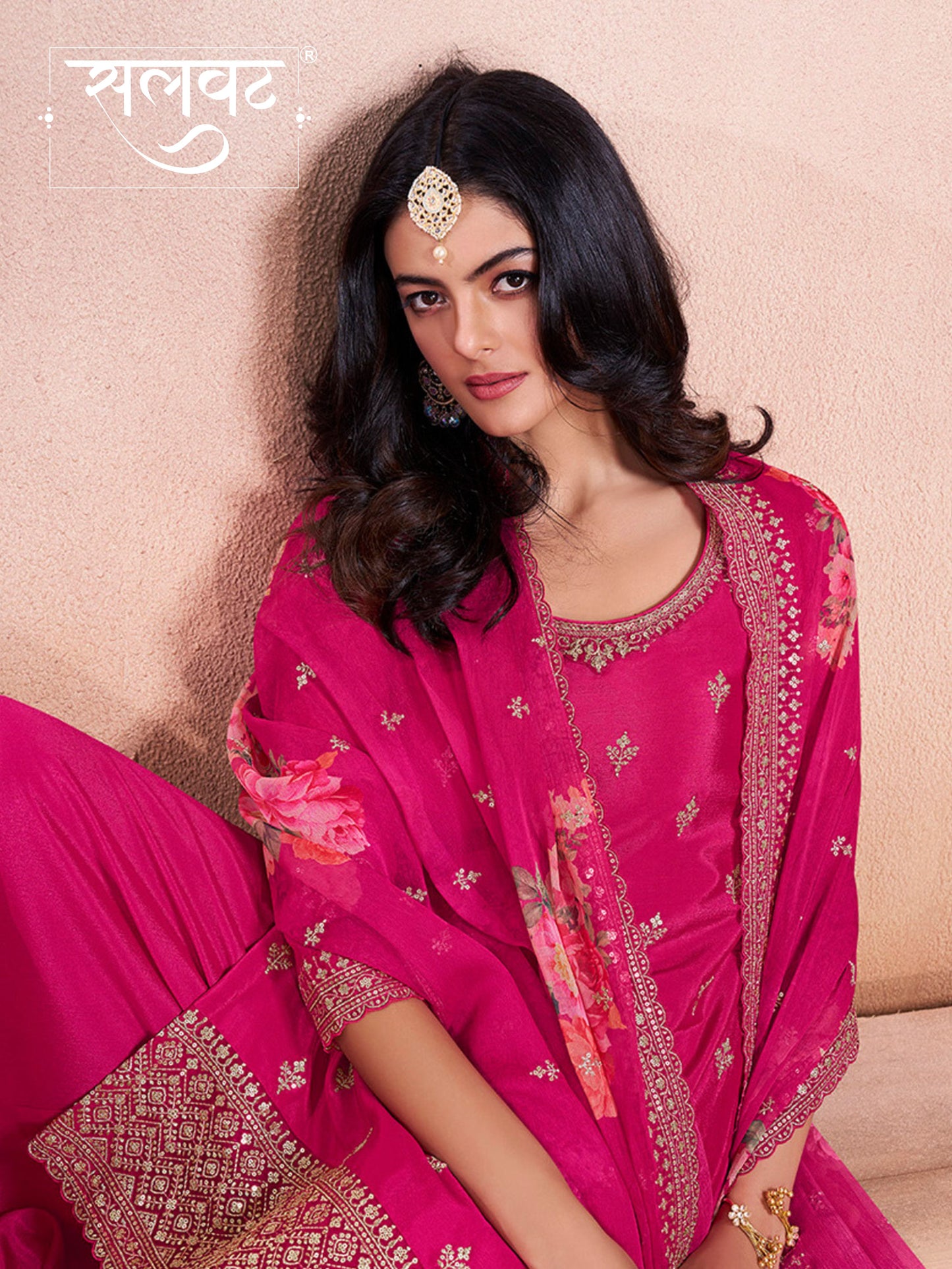Pink Butti Floral pattern Sequins Embroidered Sharara Suit Set