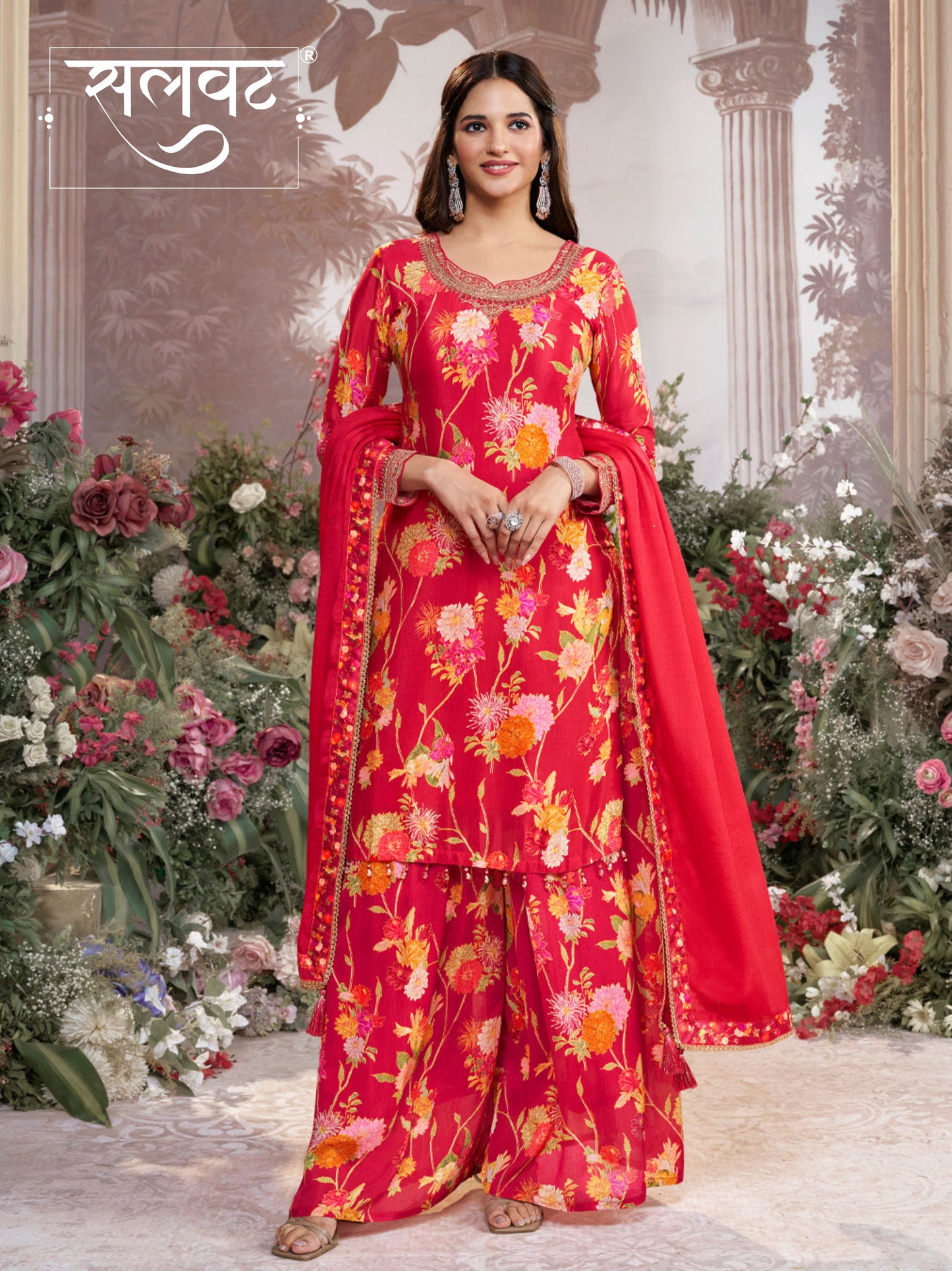 Red Chinon Sharara Set with Floral Print and Embroidery