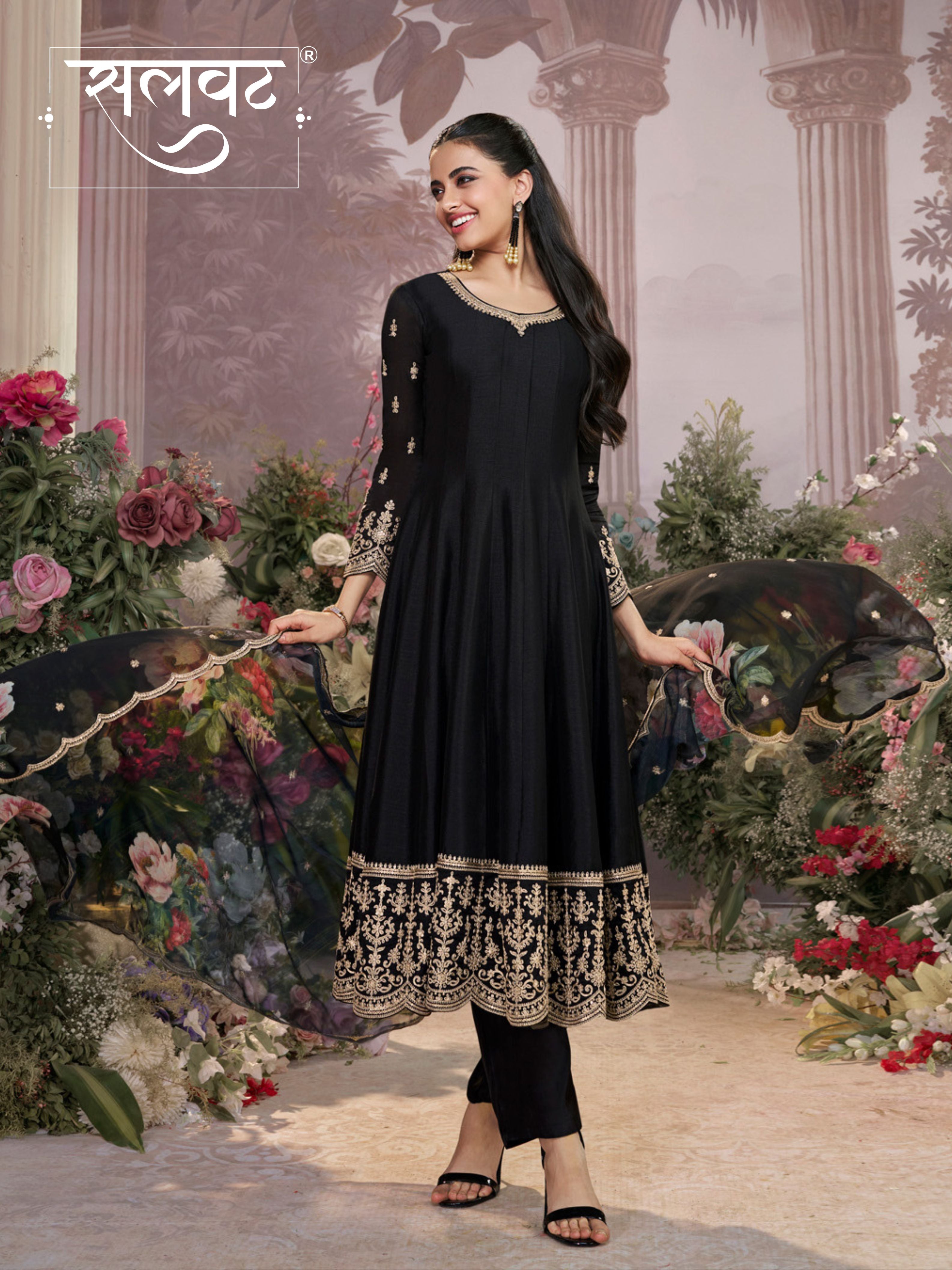 Black Vichitra Silk Embroidered Anarkali Set with Digital Printed Chiffon Dupatta