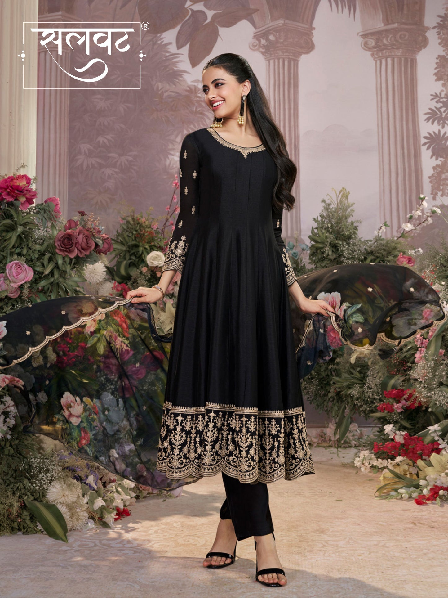 Black Vichitra Silk Embroidered Anarkali Set with Digital Printed Chiffon Dupatta