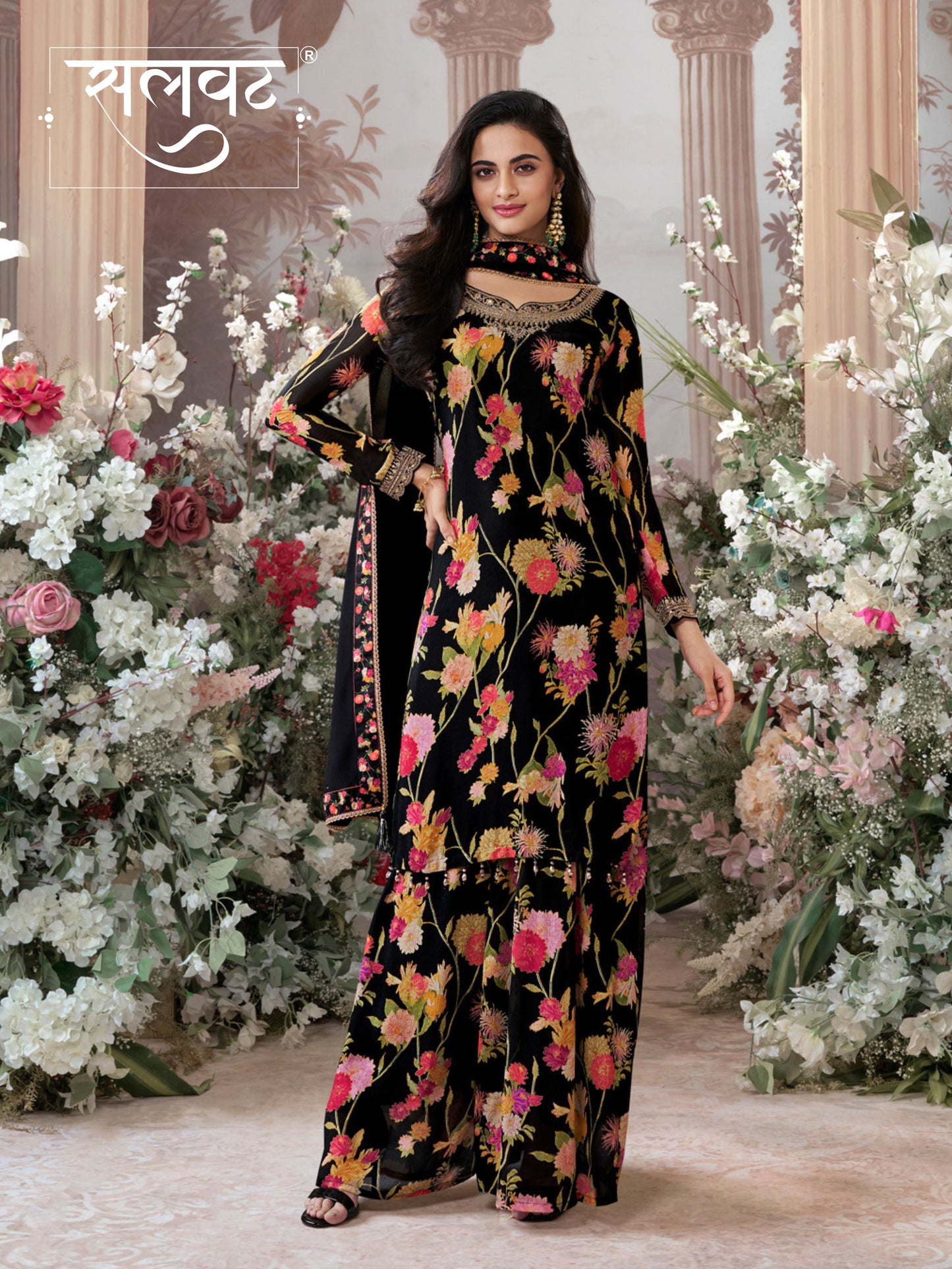 Black Chinon Sharara Set with Floral Print and Embroidery