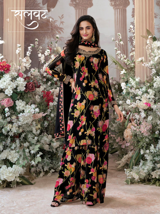 Black Chinon Sharara Set with Floral Print and Embroidery