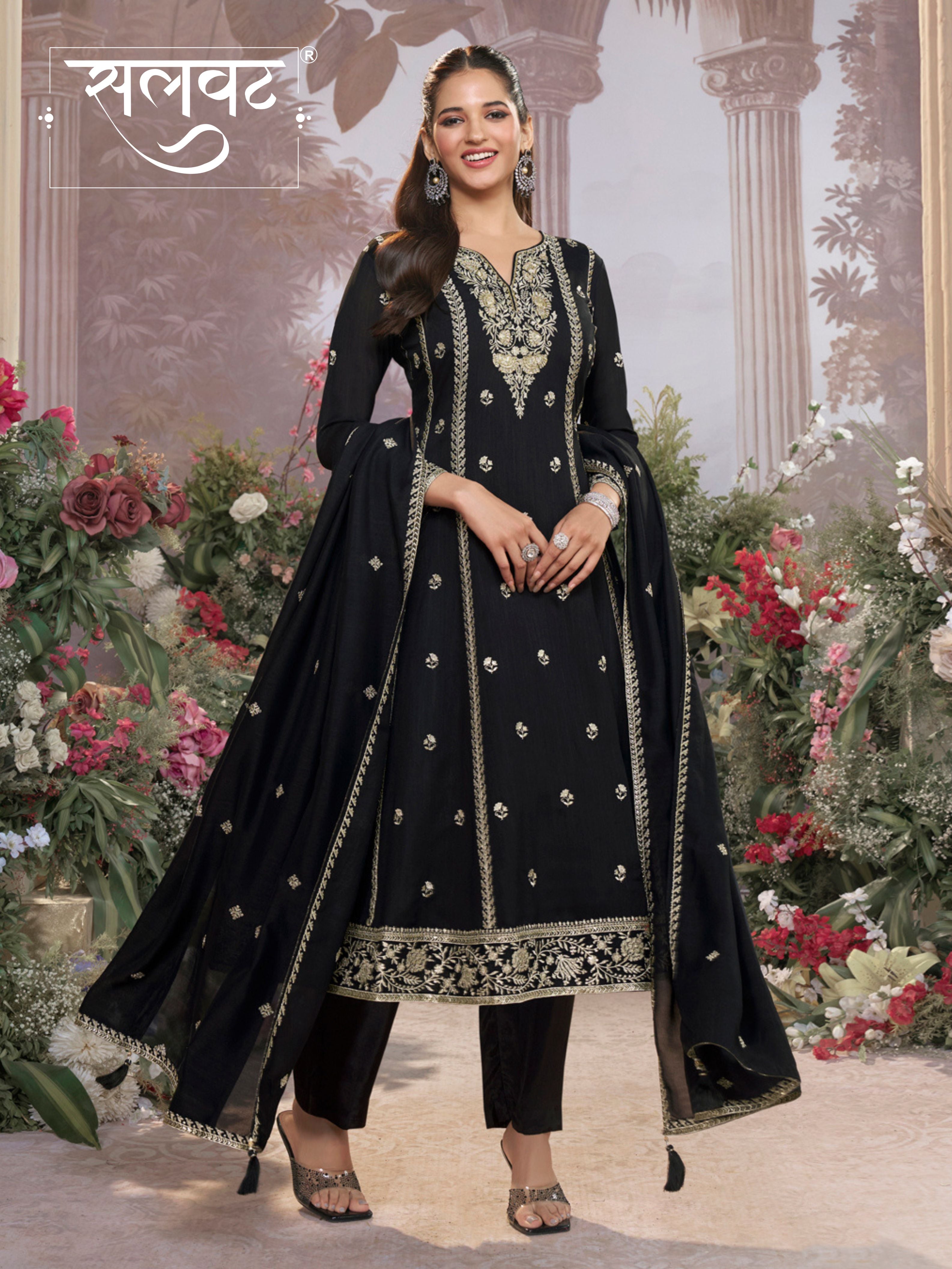 Black Vichitra Silk Kurta Suit Set with Embroidered Work Paired with Vichitra Silk Dupatta with Embroidered Work