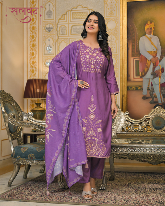Plum Purple Muslin Thread Embroidered Kurta Set With Dupatta