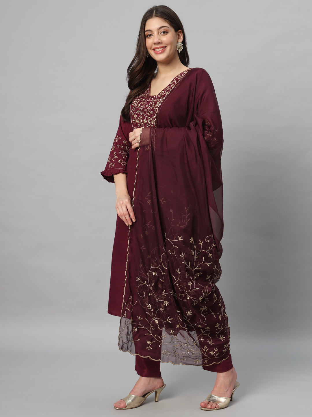 Wine Embroidery Viscose Kurta Sets