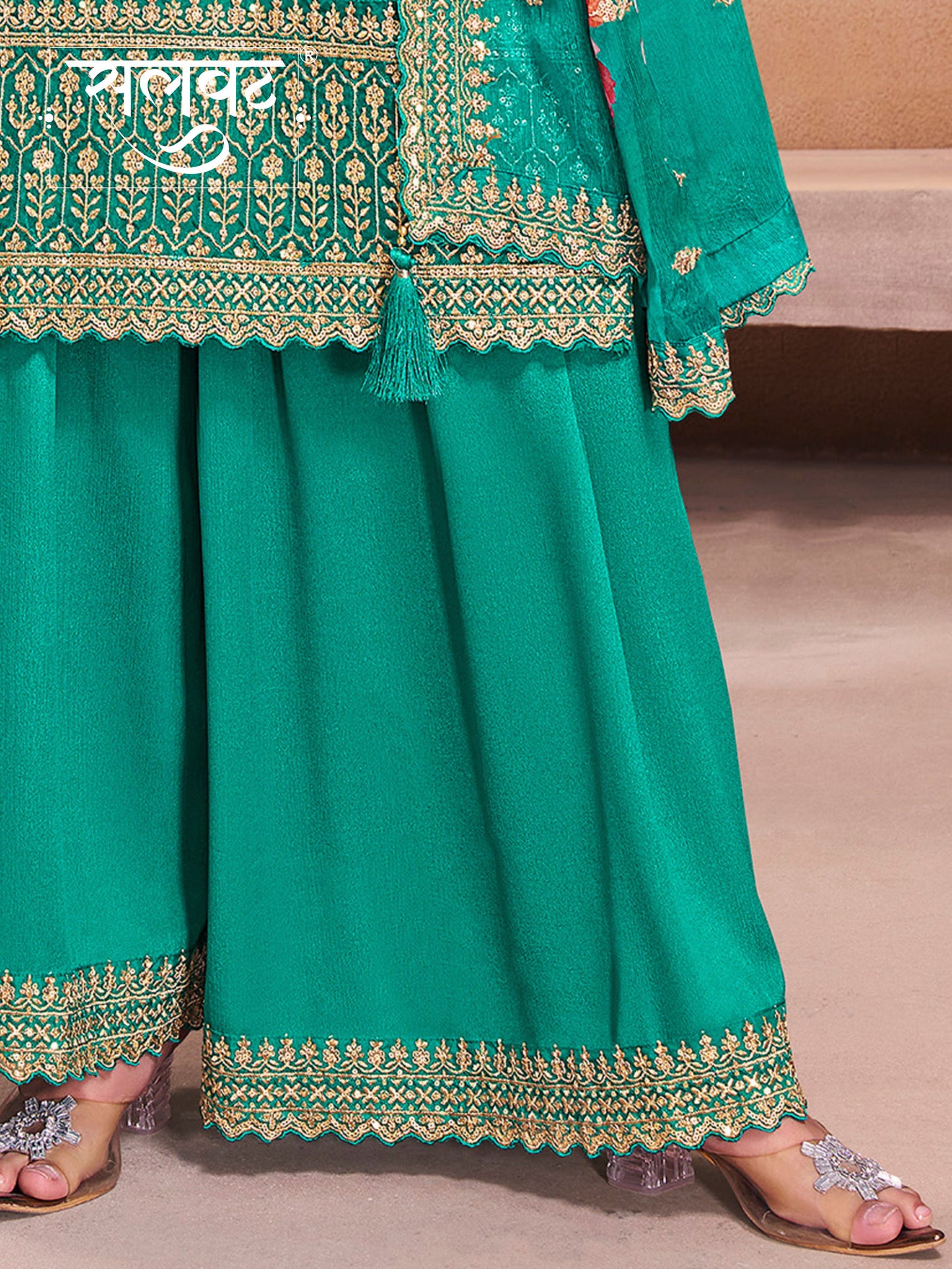 Teal Green Butti Floral pattern Sequins Embroidered Sharara Suit Set