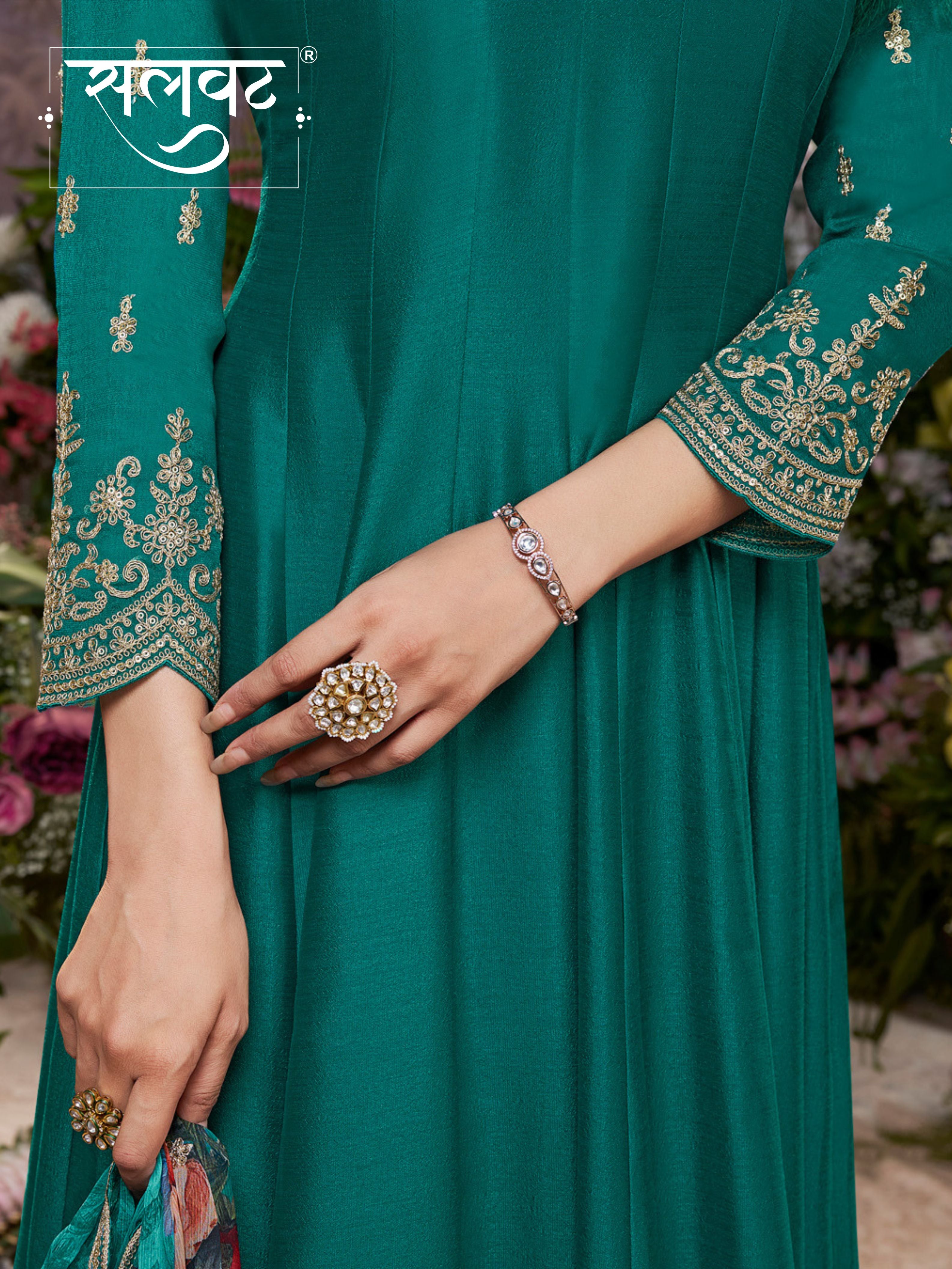 Green Vichitra Silk Embroidered Anarkali Set with Digital Printed Chiffon Dupatta