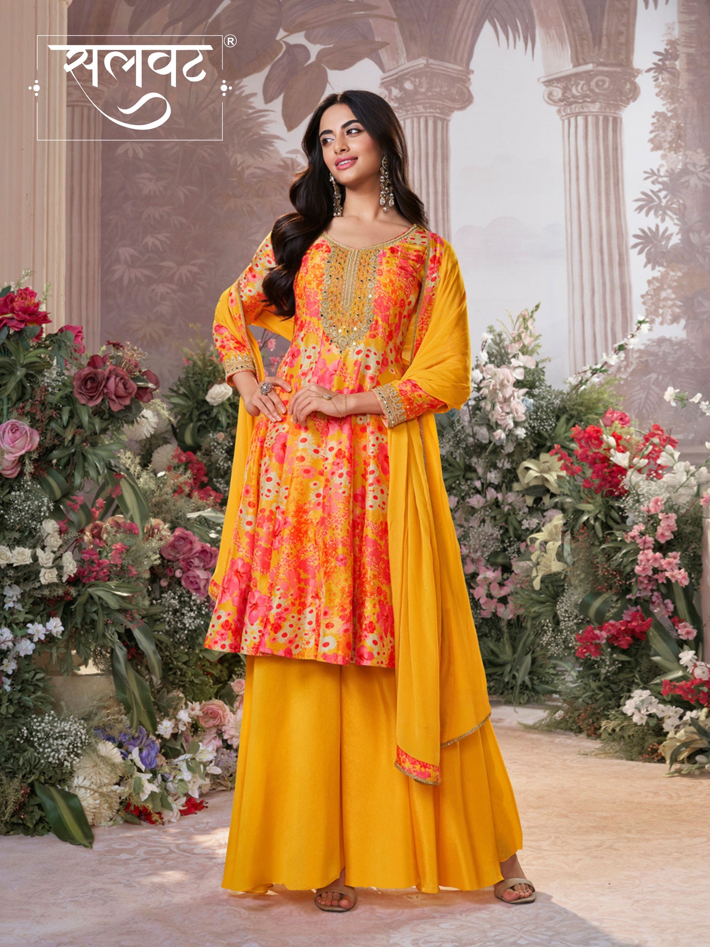 Mustard Russian Silk Mirror Work Sharara Set paired with Chinon Dupatta with Digital Printed Borders