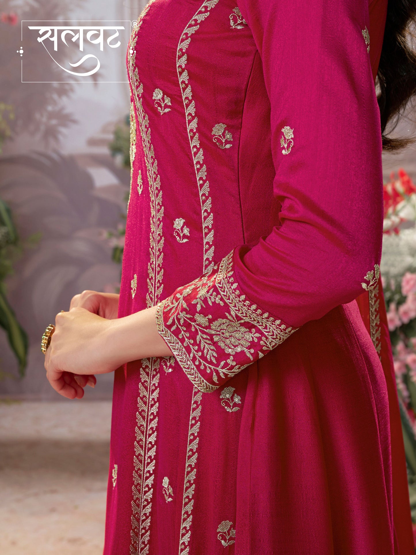Hot Pink Vichitra Silk Kurta Suit Set with Embroidered Work Paired with Vichitra Silk Dupatta with Embroidered Work