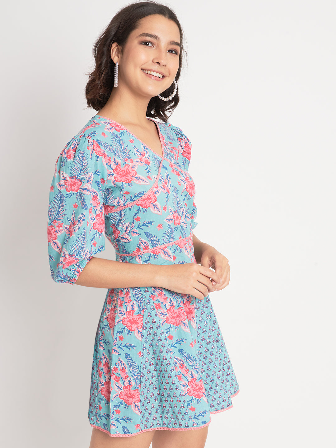 Tame Teal and Cherry Blossom Short Dress