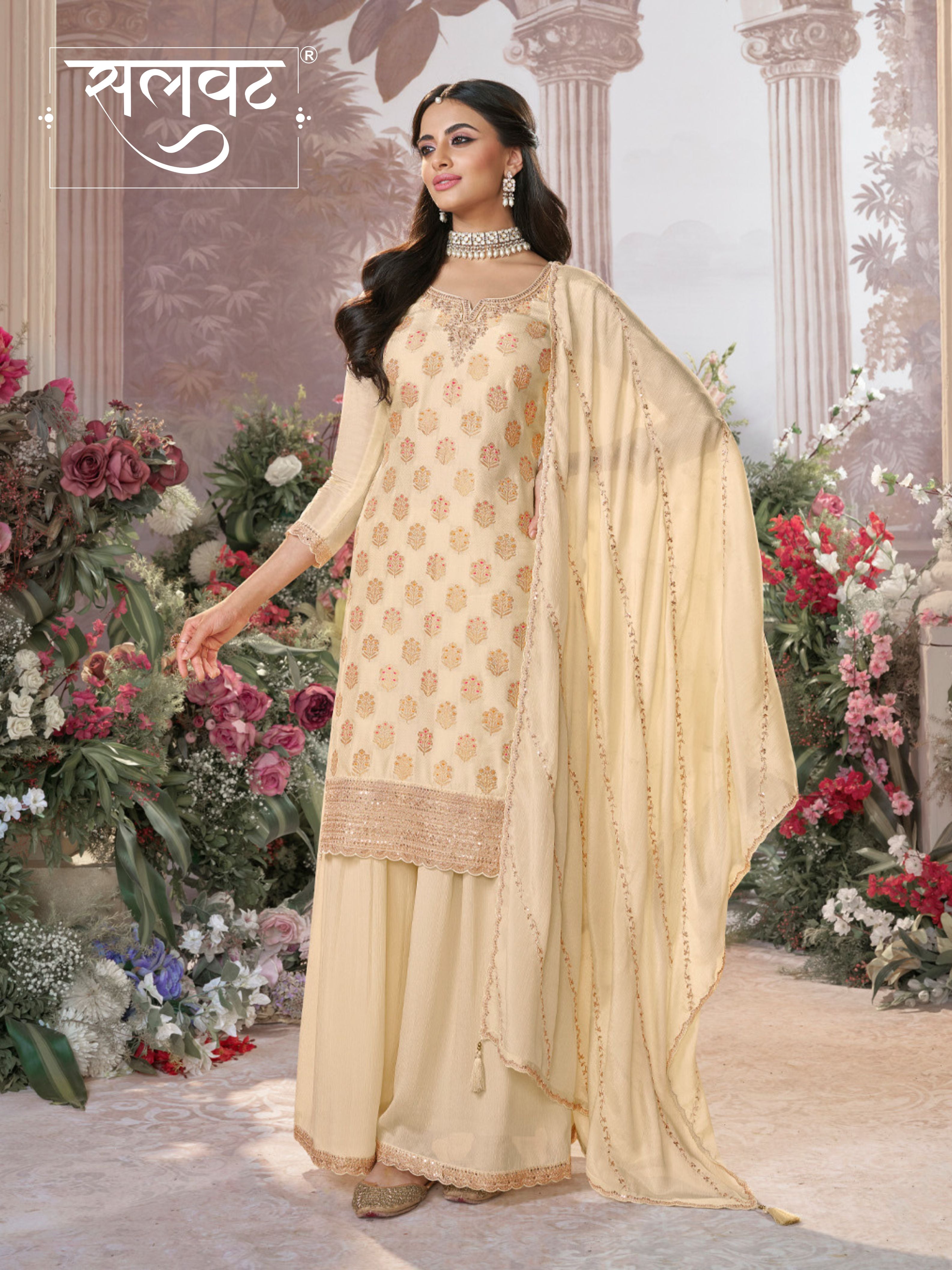 White Dola Silk Meena Jacquard Kurta Set Paired With Embroidered Sharara Suit Set