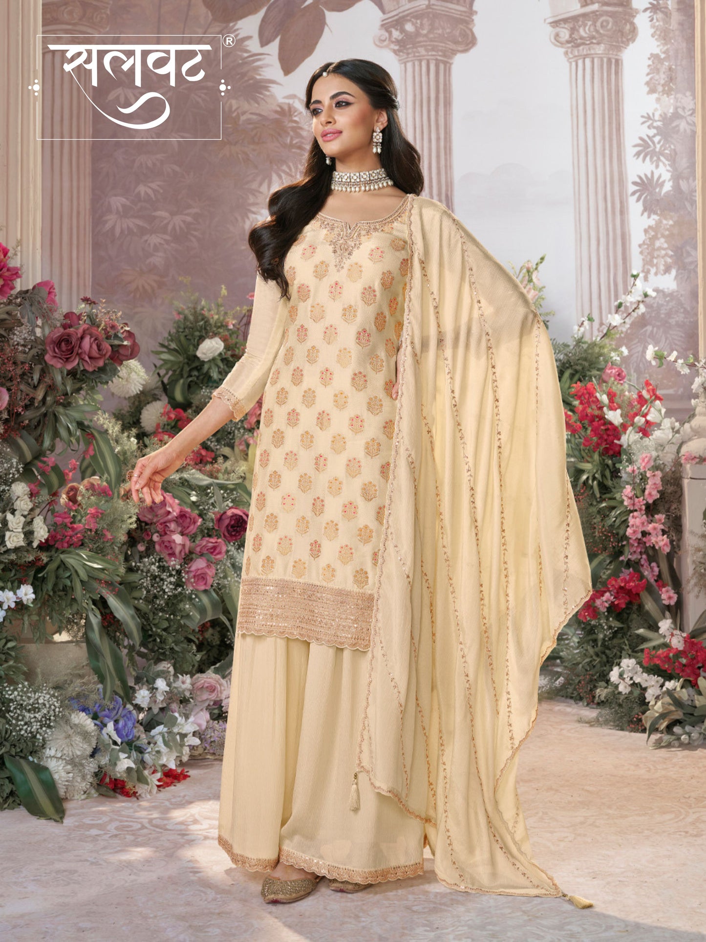 White Dola Silk Meena Jacquard Kurta Set Paired With Embroidered Sharara Suit Set