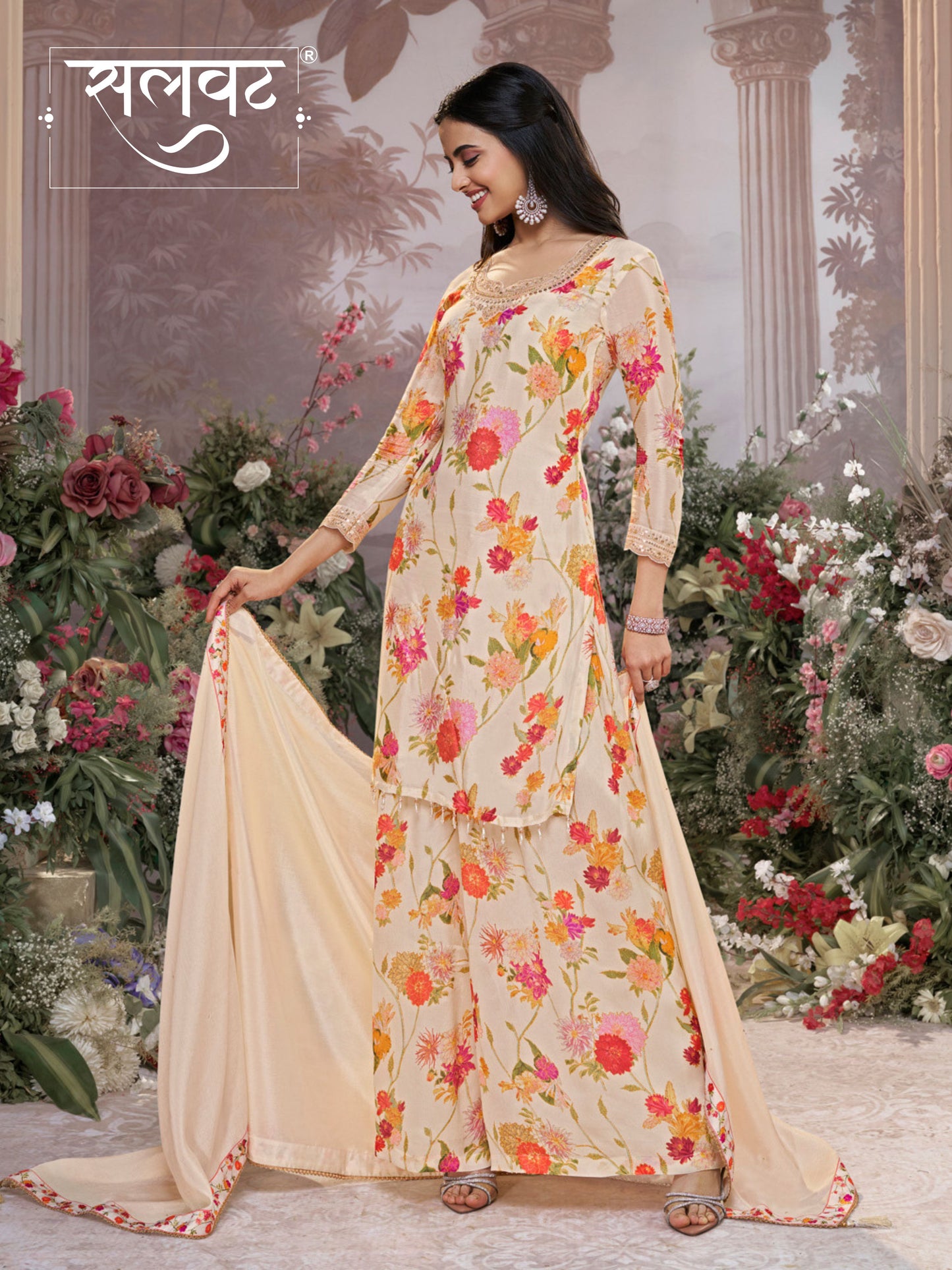 Off-White Chinon Sharara Set with Floral Print and Embroidery