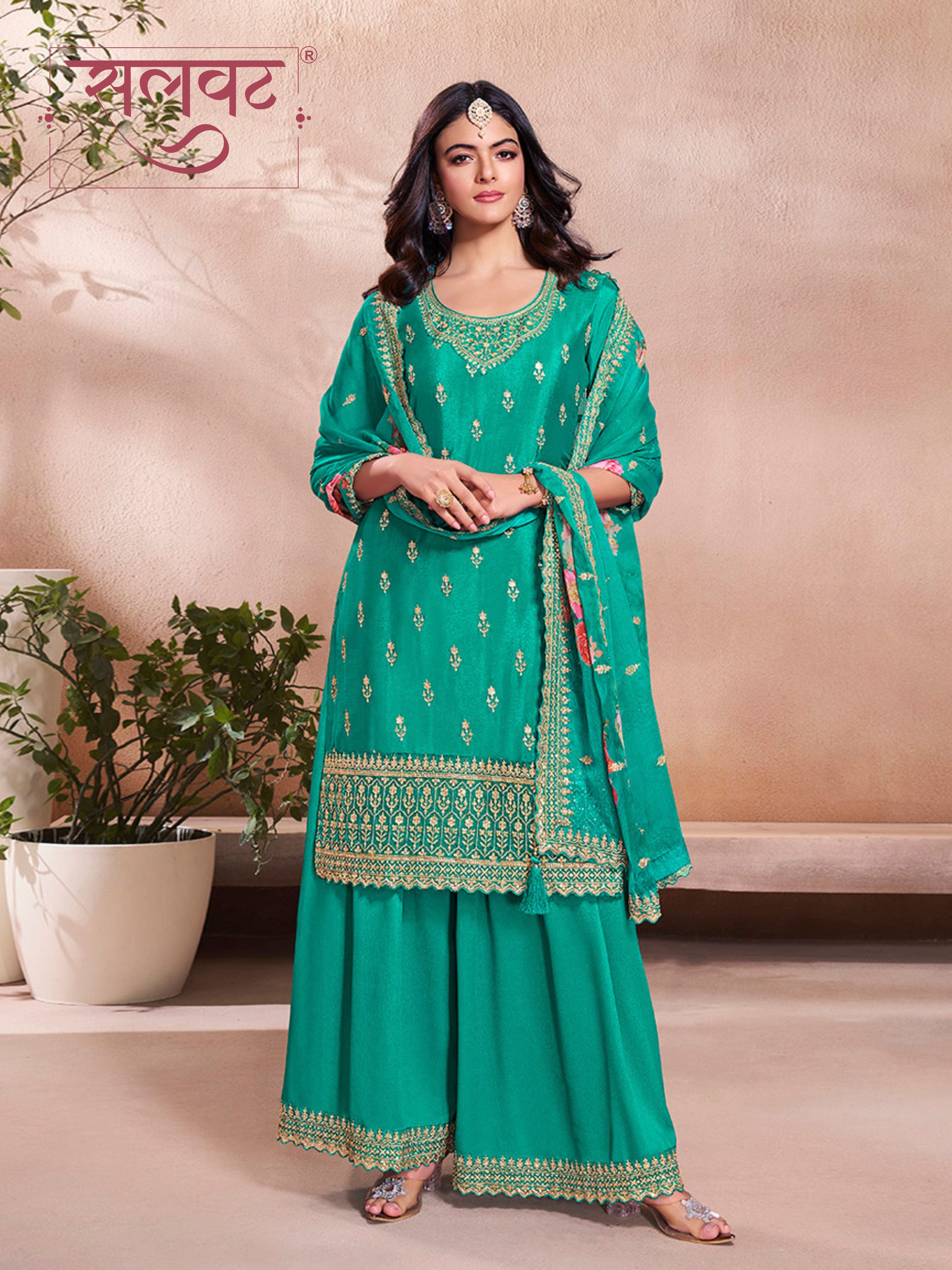 Teal Green Butti Floral pattern Sequins Embroidered Sharara Suit Set