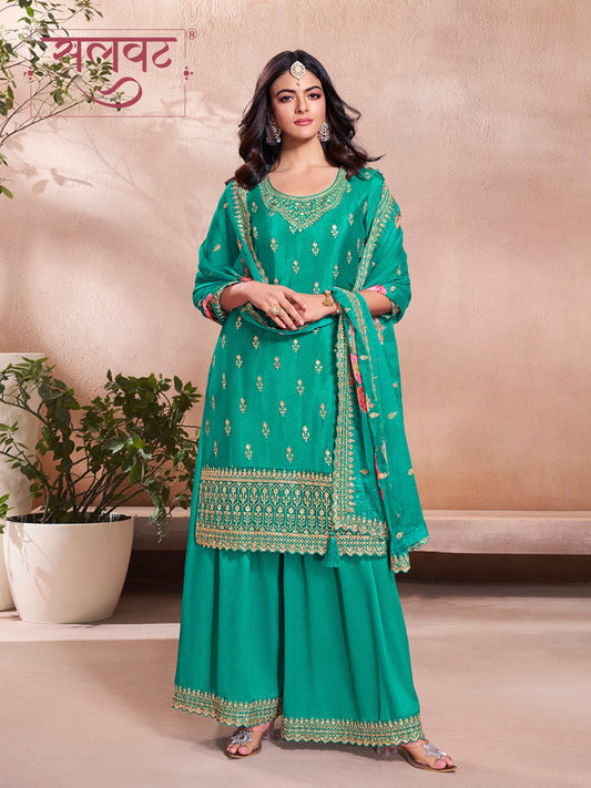 Teal Green Butti Floral pattern Sequins Embroidered Sharara Suit Set